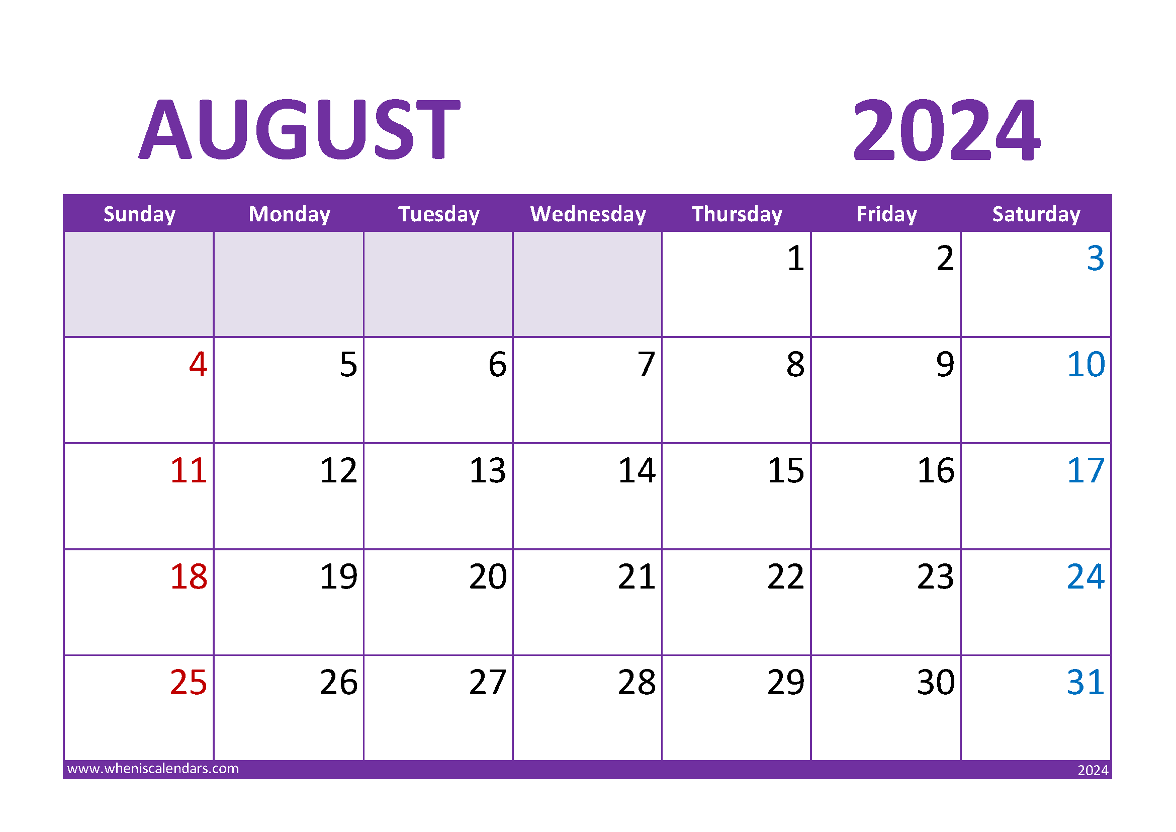 Download Blank Calendar August 2024 A4 Horizontal 84023