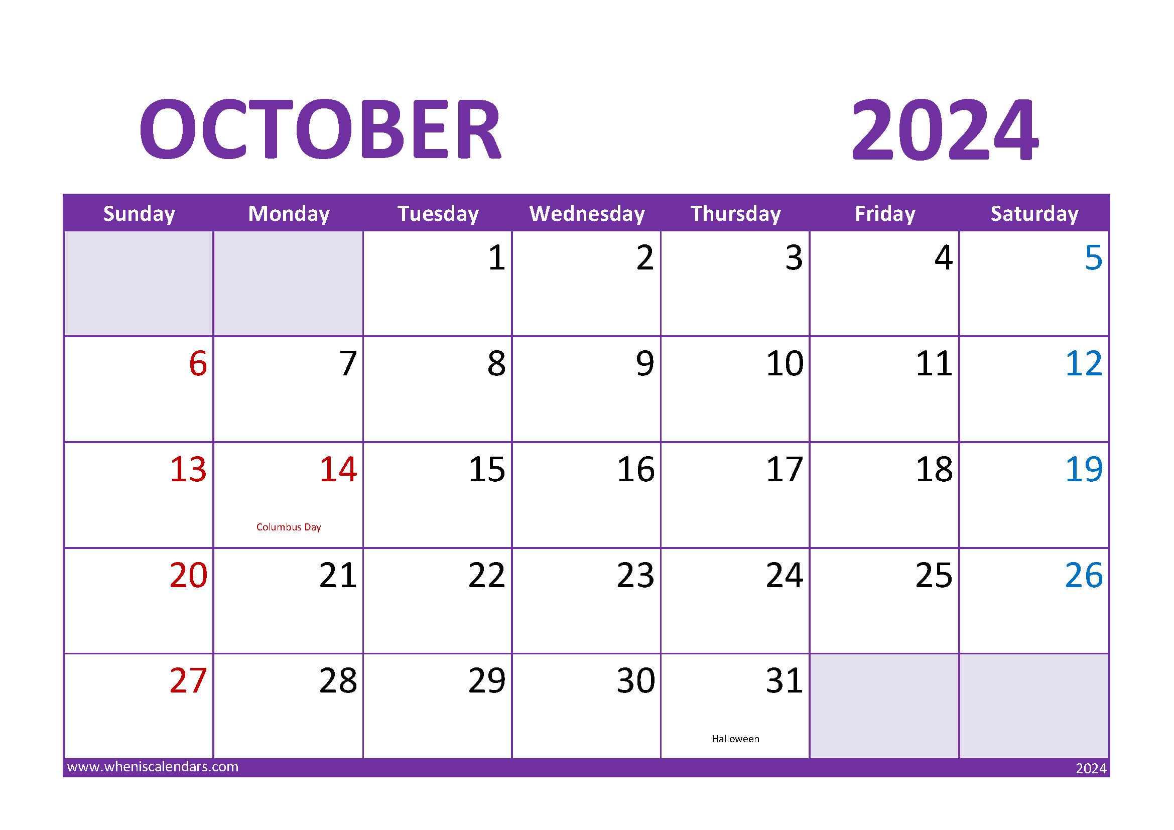 Download Blank Calendar October 2024 A4 Horizontal 104023
