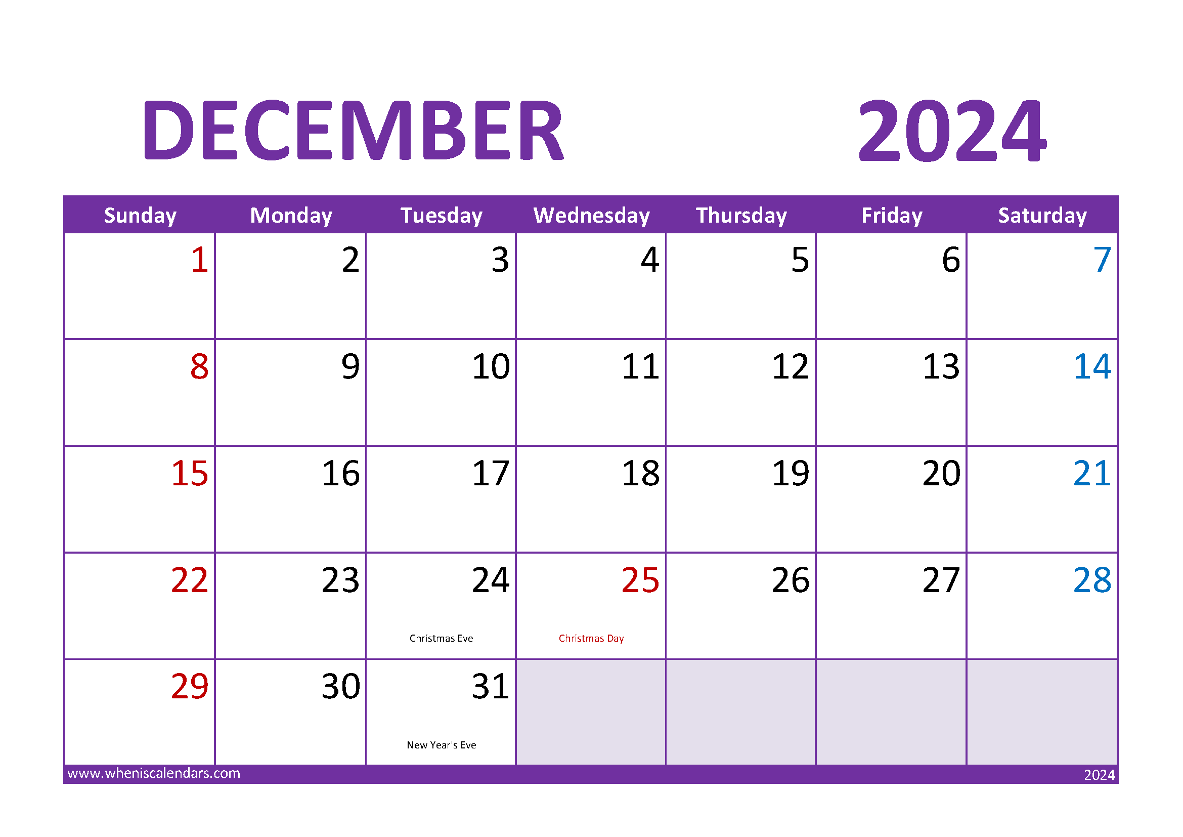 Download Blank Calendar December 2024 A4 Horizontal 124023