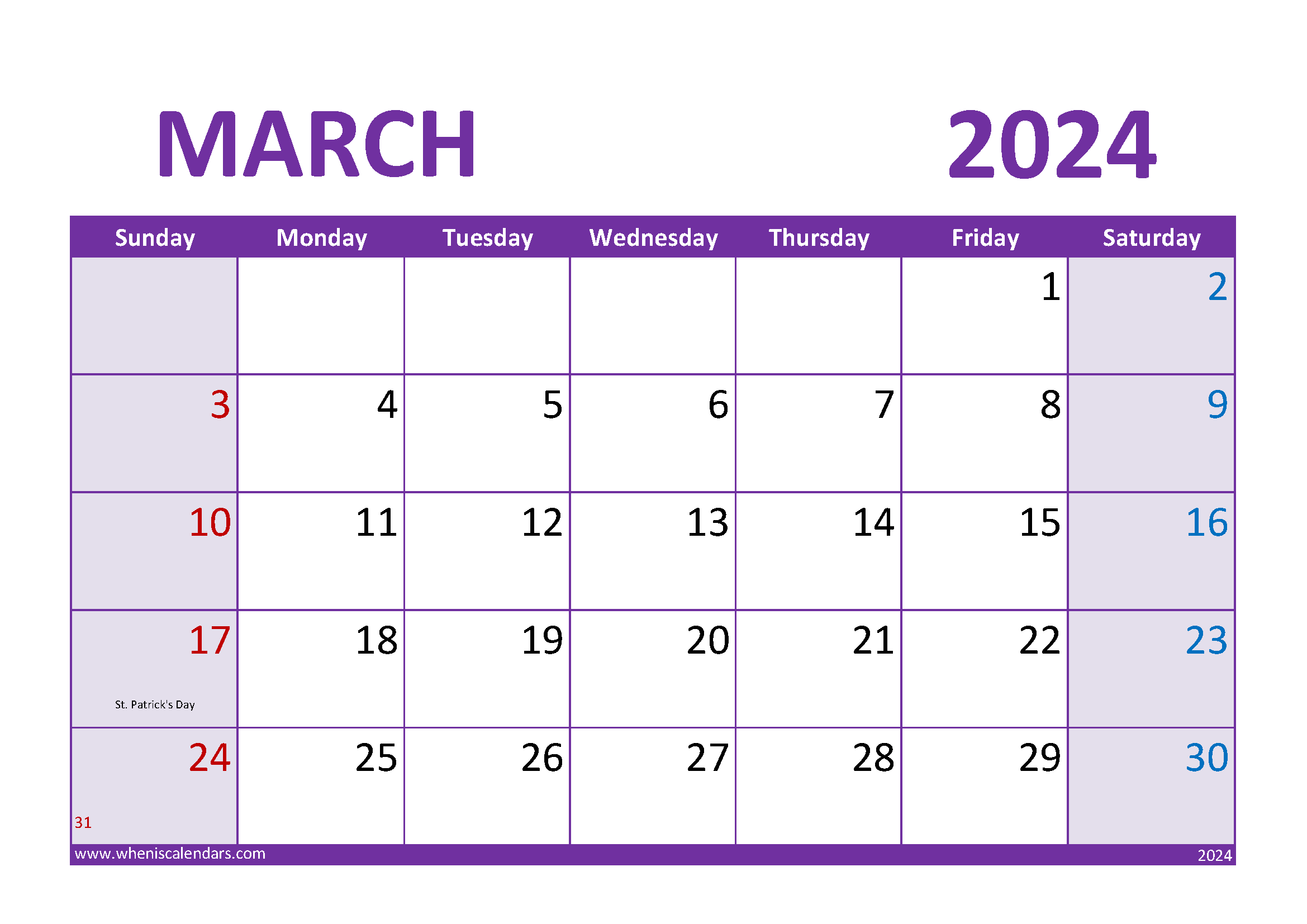 Download March 2024 Free Printable Calendar A4 Horizontal 34024