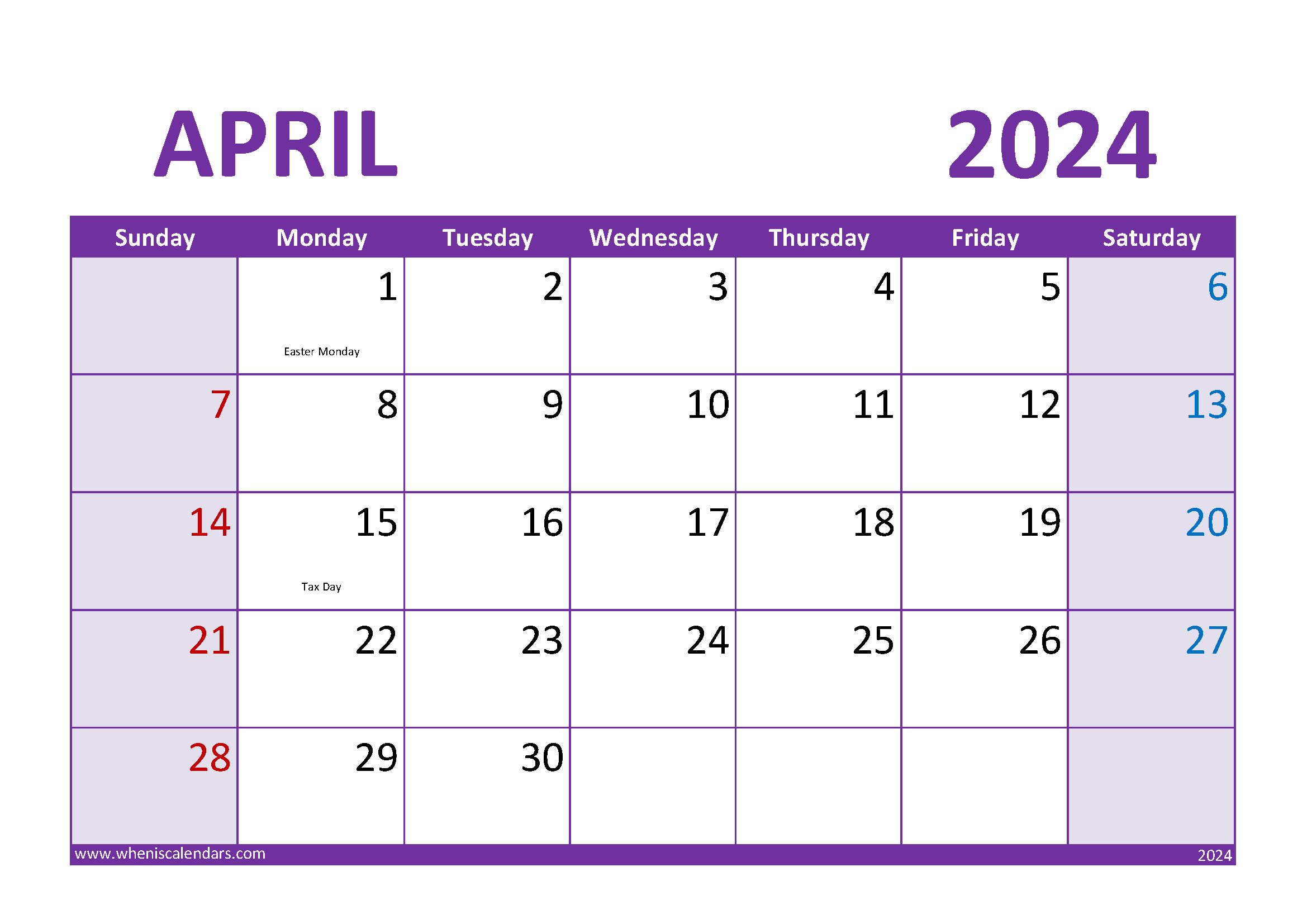 Download May 2024 Free Printable Calendar A4 Horizontal 54024