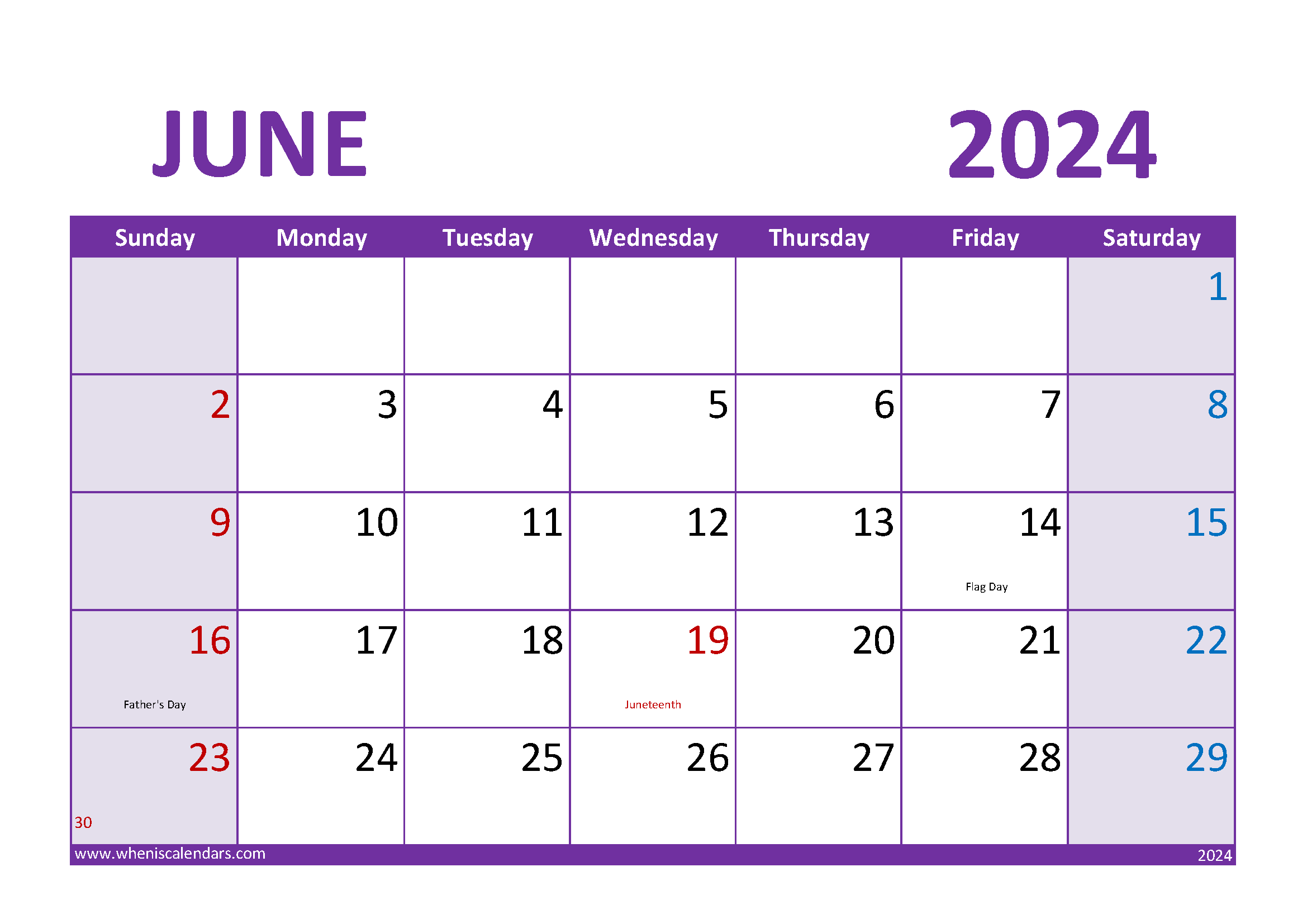 Download June 2024 Free Printable Calendar A4 Horizontal 64024