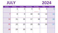 2024 Blank Monthly Calendar July J7304
