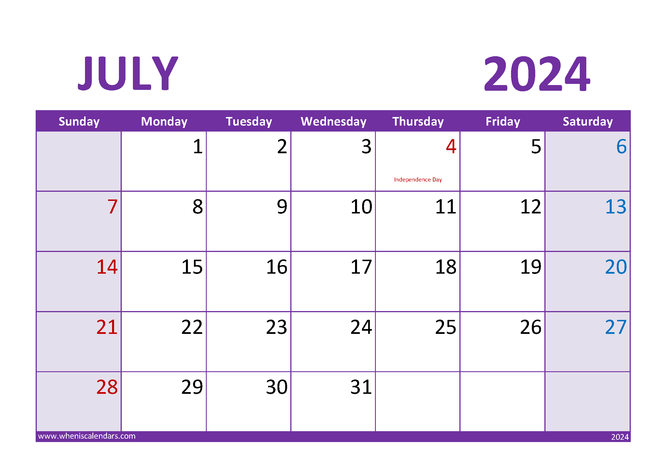 Download July 2024 Free Printable Calendar A4 Horizontal 74024