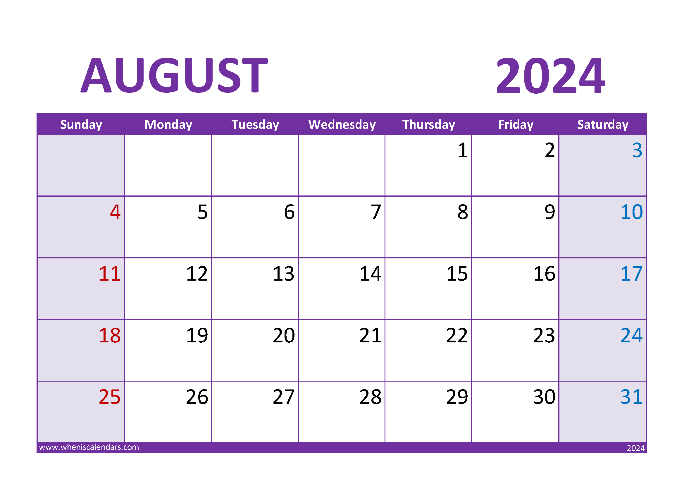 Download August 2024 Free Printable Calendar A4 Horizontal 84024