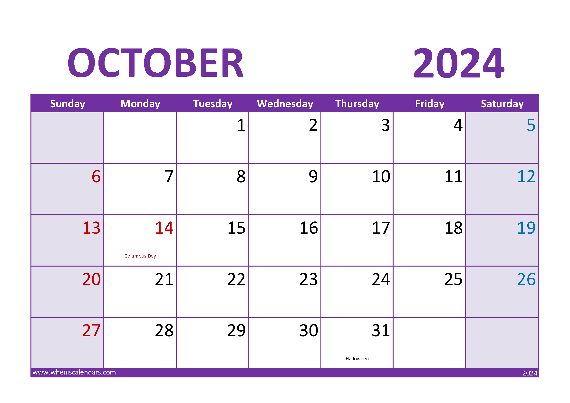 Download October 2024 Free Printable Calendar A4 Horizontal 104024