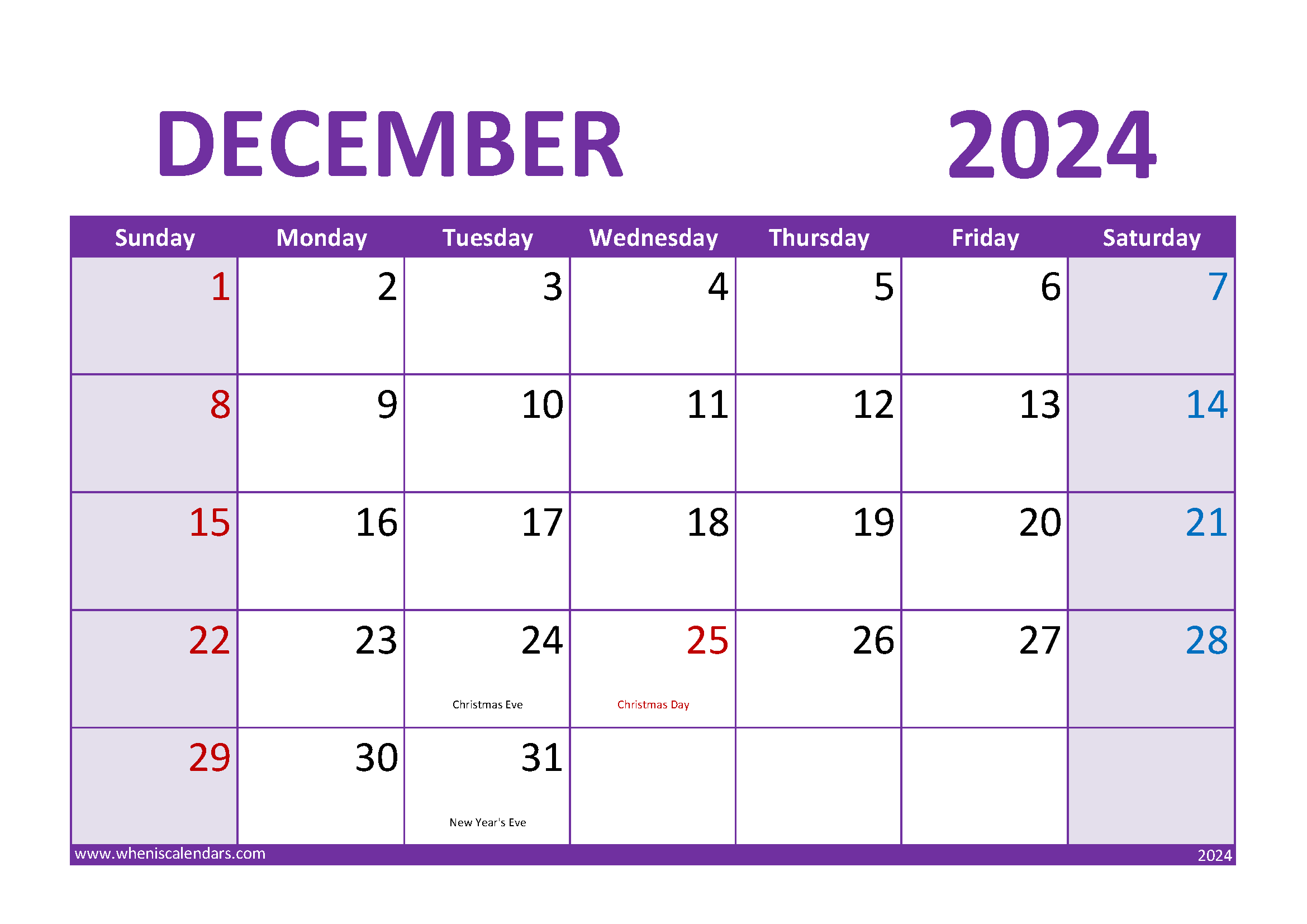 Download December 2024 Free Printable Calendar A4 Horizontal 124024