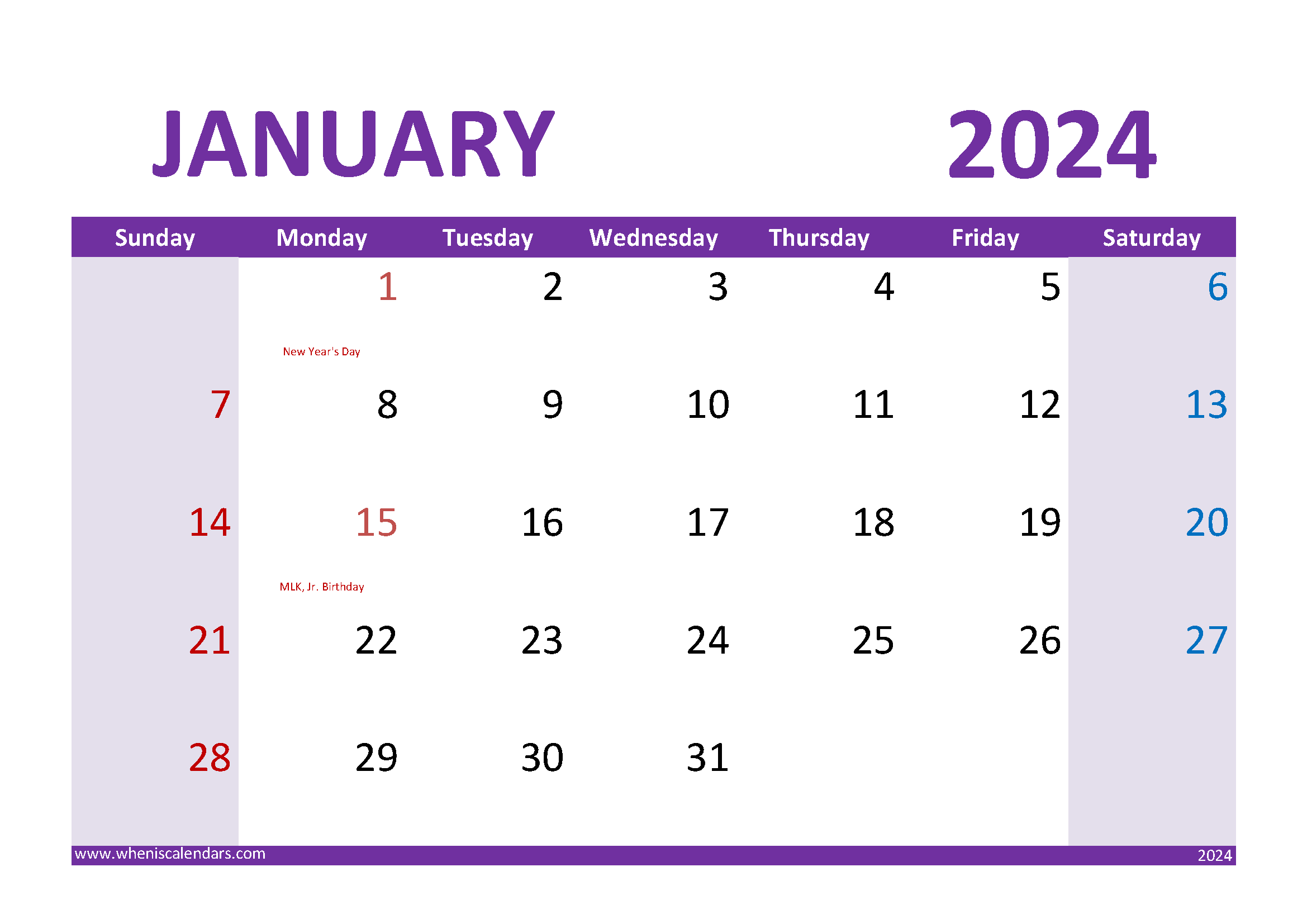 Download print January 2024 Calendar A4 Horizontal J4025