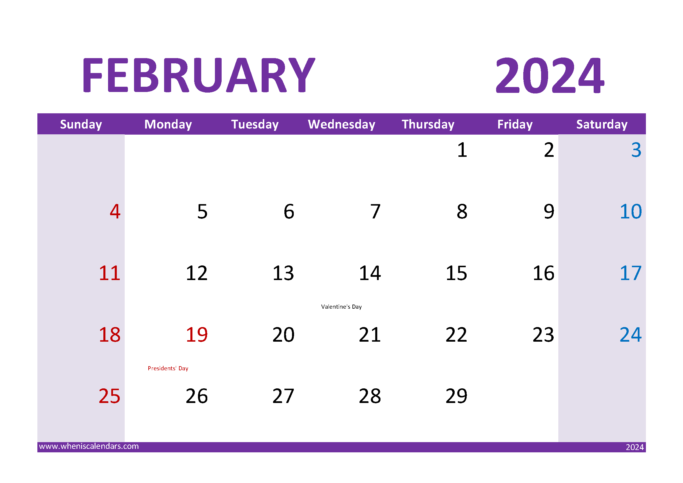 Download print February 2024 Calendar A4 Horizontal 24025