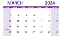 March 2024 Calendar cute Printable M3305