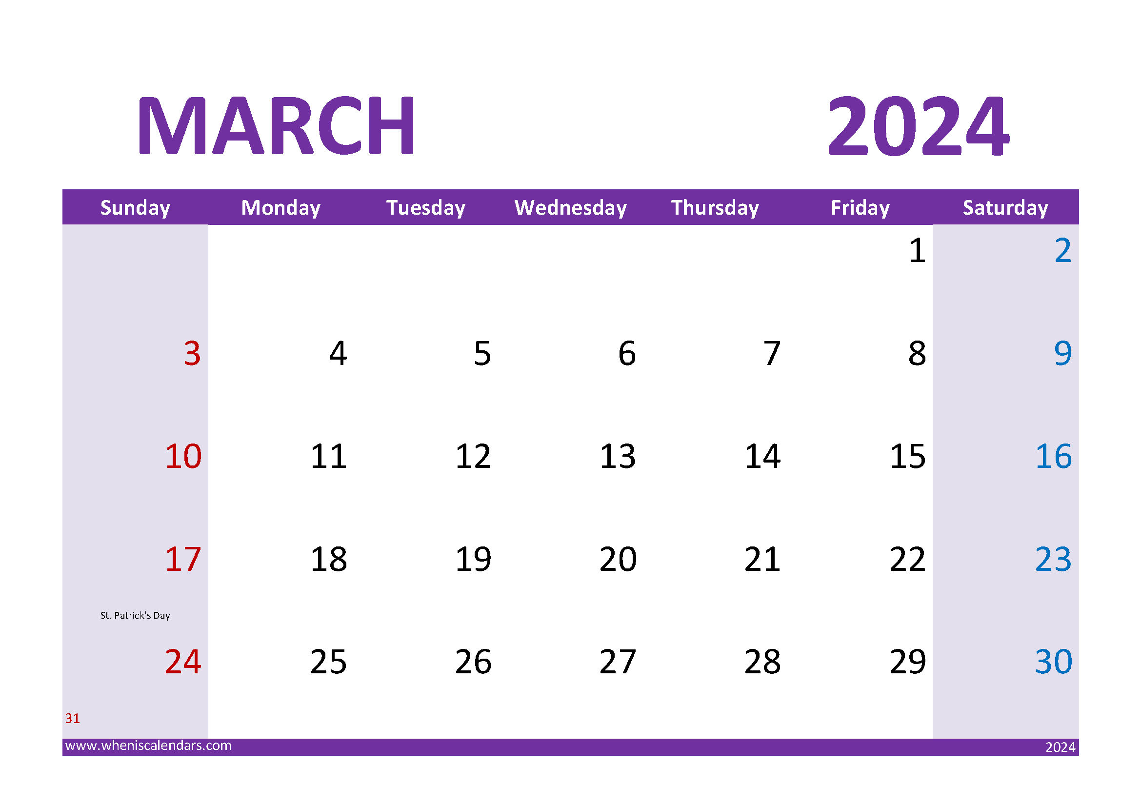 Download print March 2024 Calendar A4 Horizontal 34025