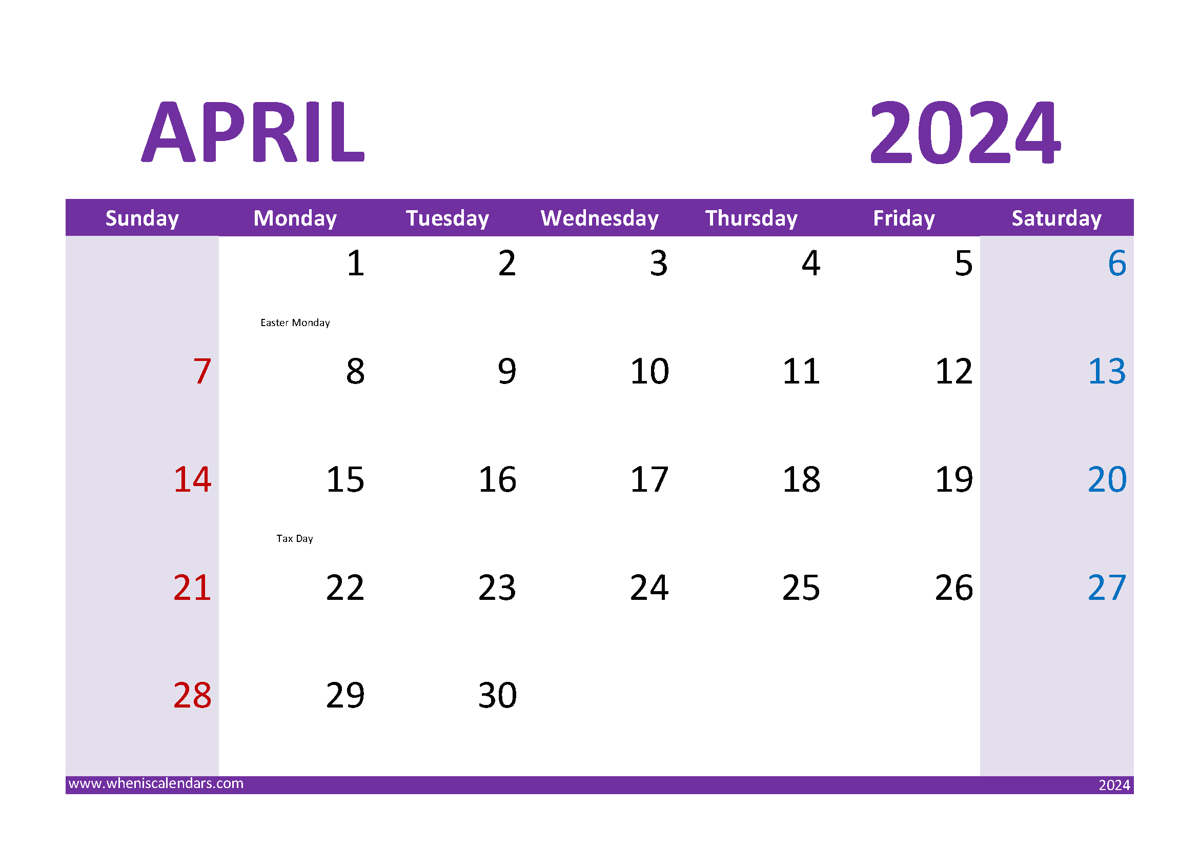 Download print May 2024 Calendar A4 Horizontal 54025