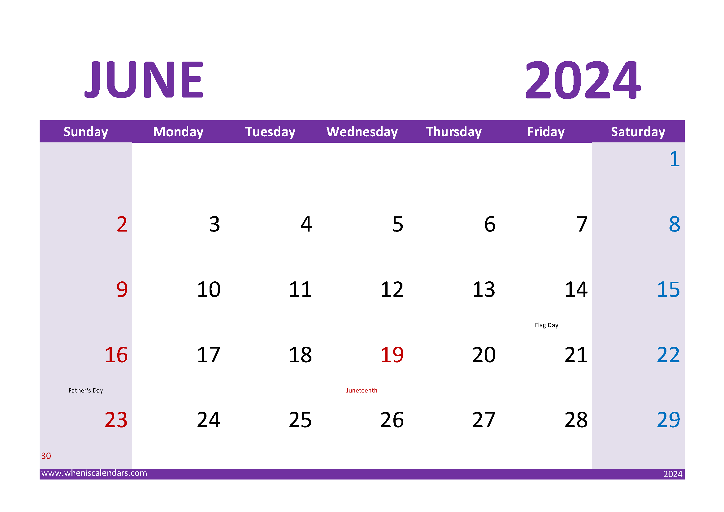 Download print June 2024 Calendar A4 Horizontal 64025