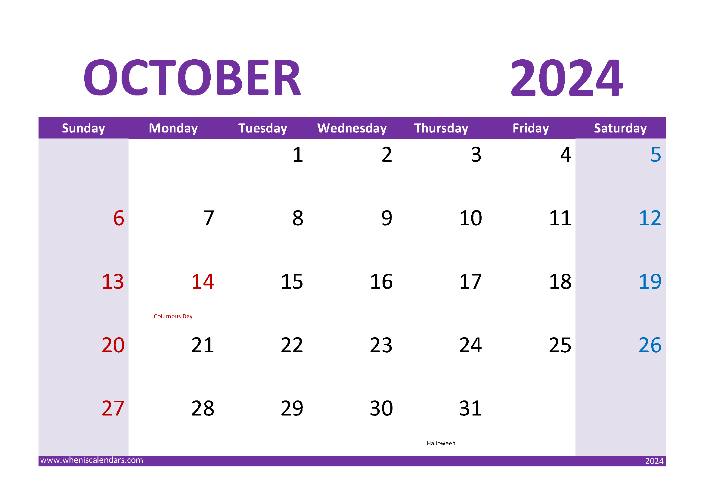 Download print October 2024 Calendar A4 Horizontal 104025