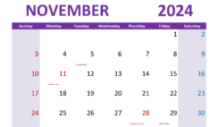 November 2024 Calendar cute Printable N1305