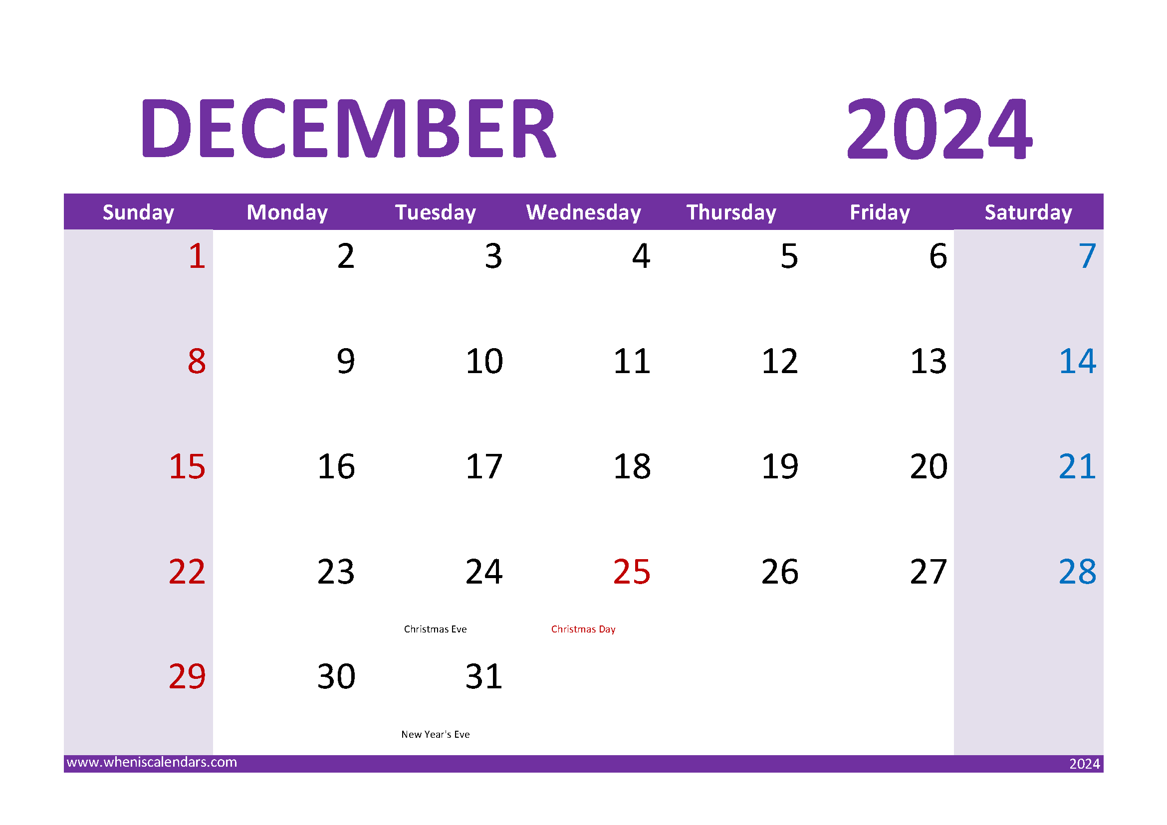 Download print December 2024 Calendar A4 Horizontal 124025