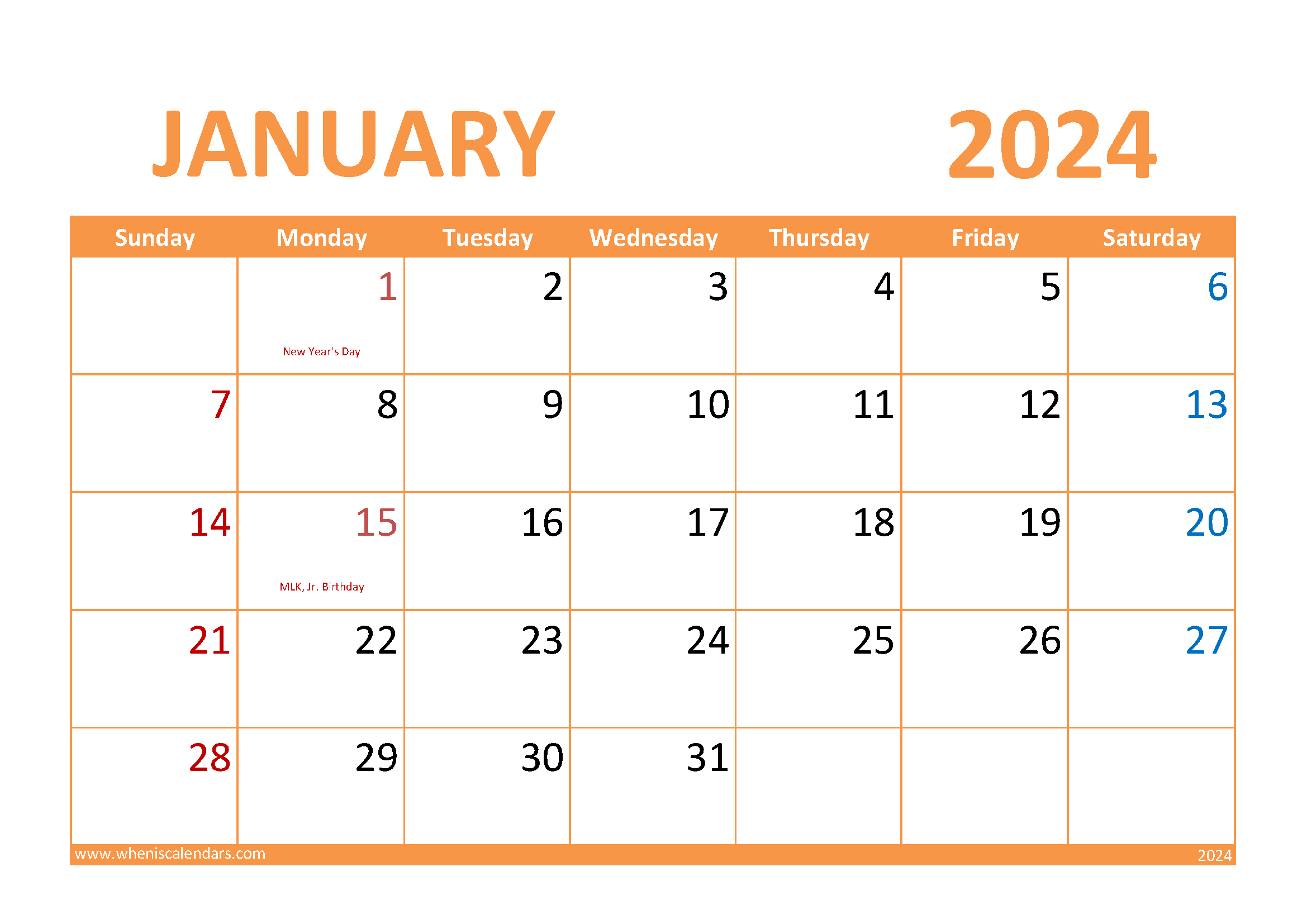 Download Printable January Calendar 2024 A4 Horizontal J4026