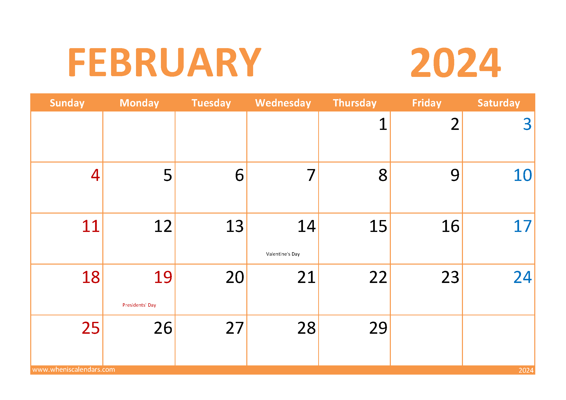 Download Printable February Calendar 2024 A4 Horizontal 24026