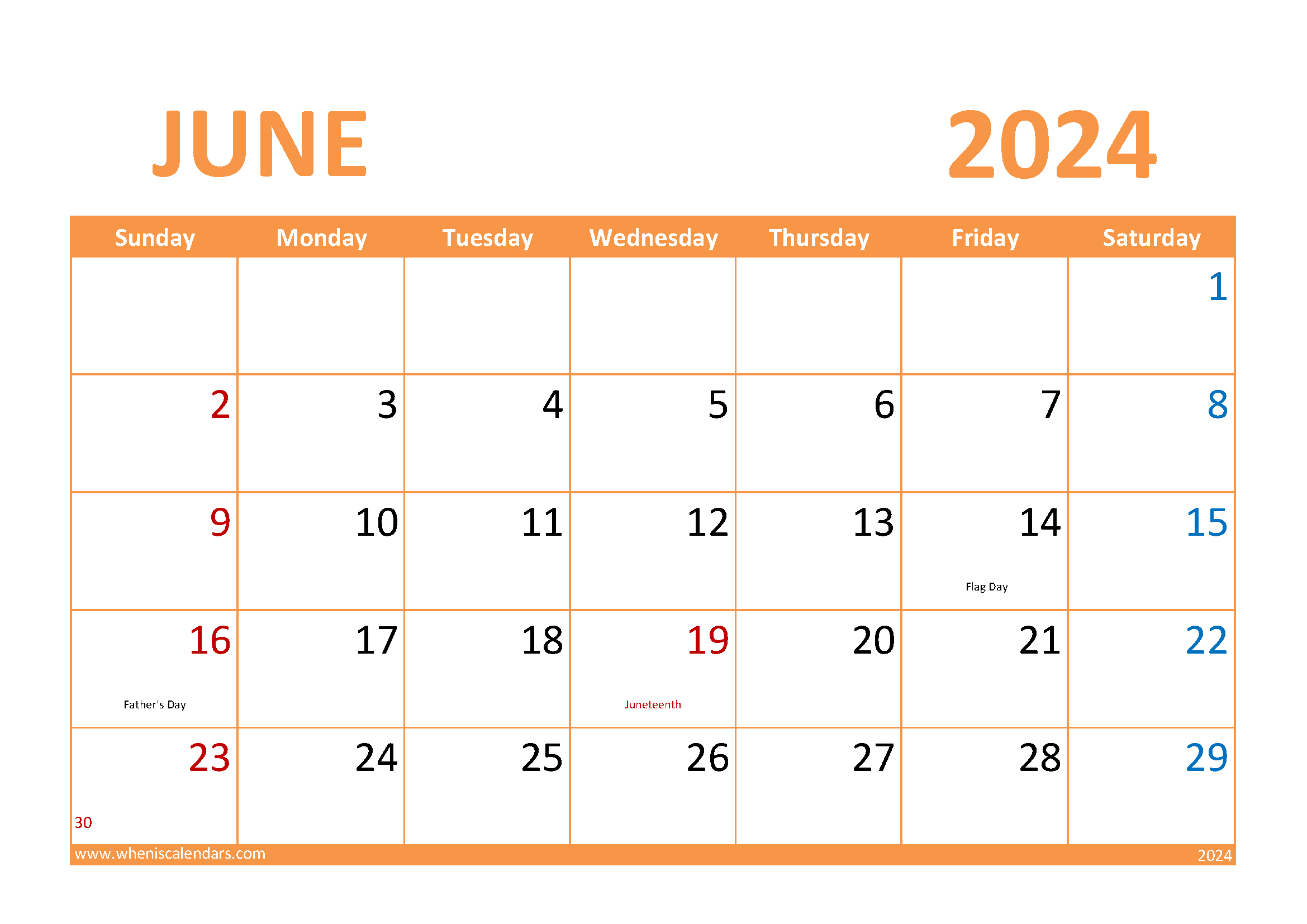 Download Printable June Calendar 2024 A4 Horizontal 64026