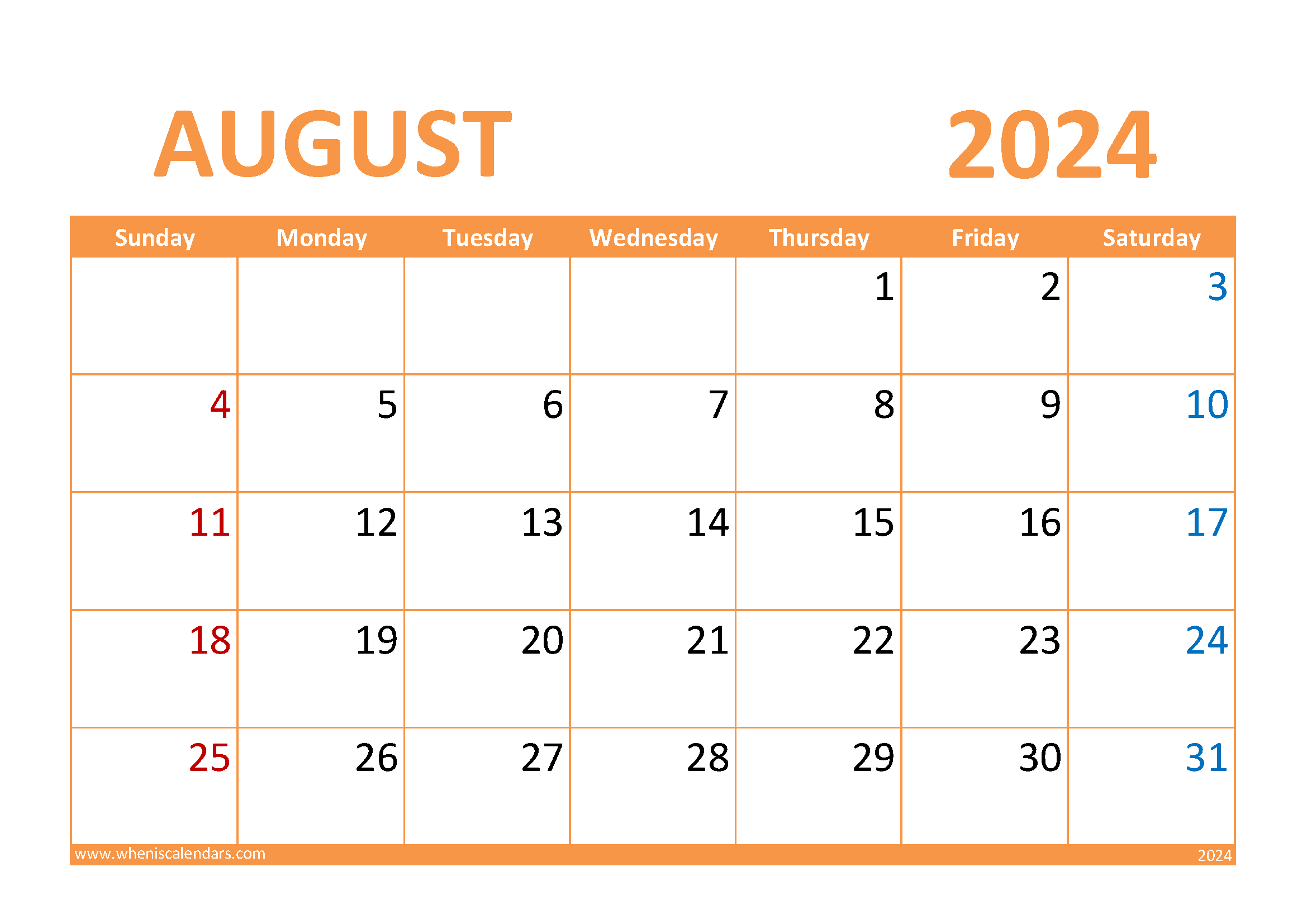 Download Printable August Calendar 2024 A4 Horizontal 84026