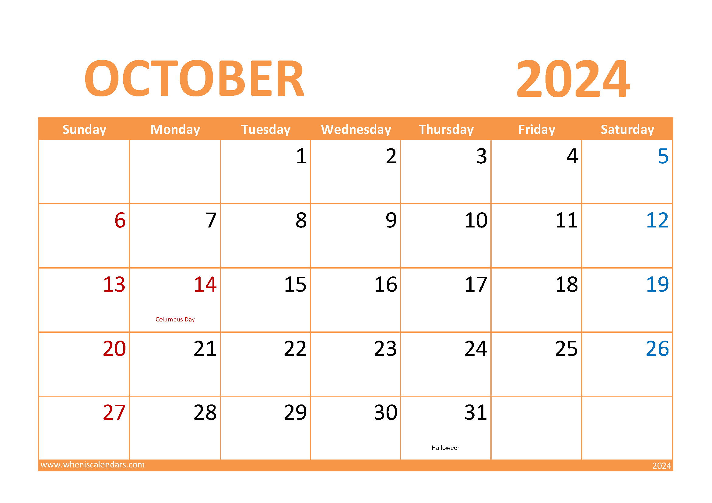 Download Printable October Calendar 2024 A4 Horizontal 104026