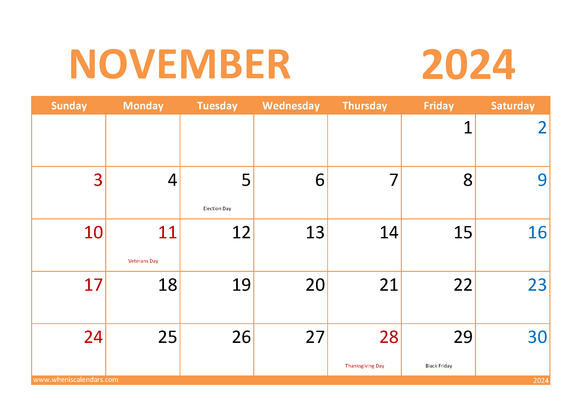 Download Printable November Calendar 2024 A4 Horizontal 114026