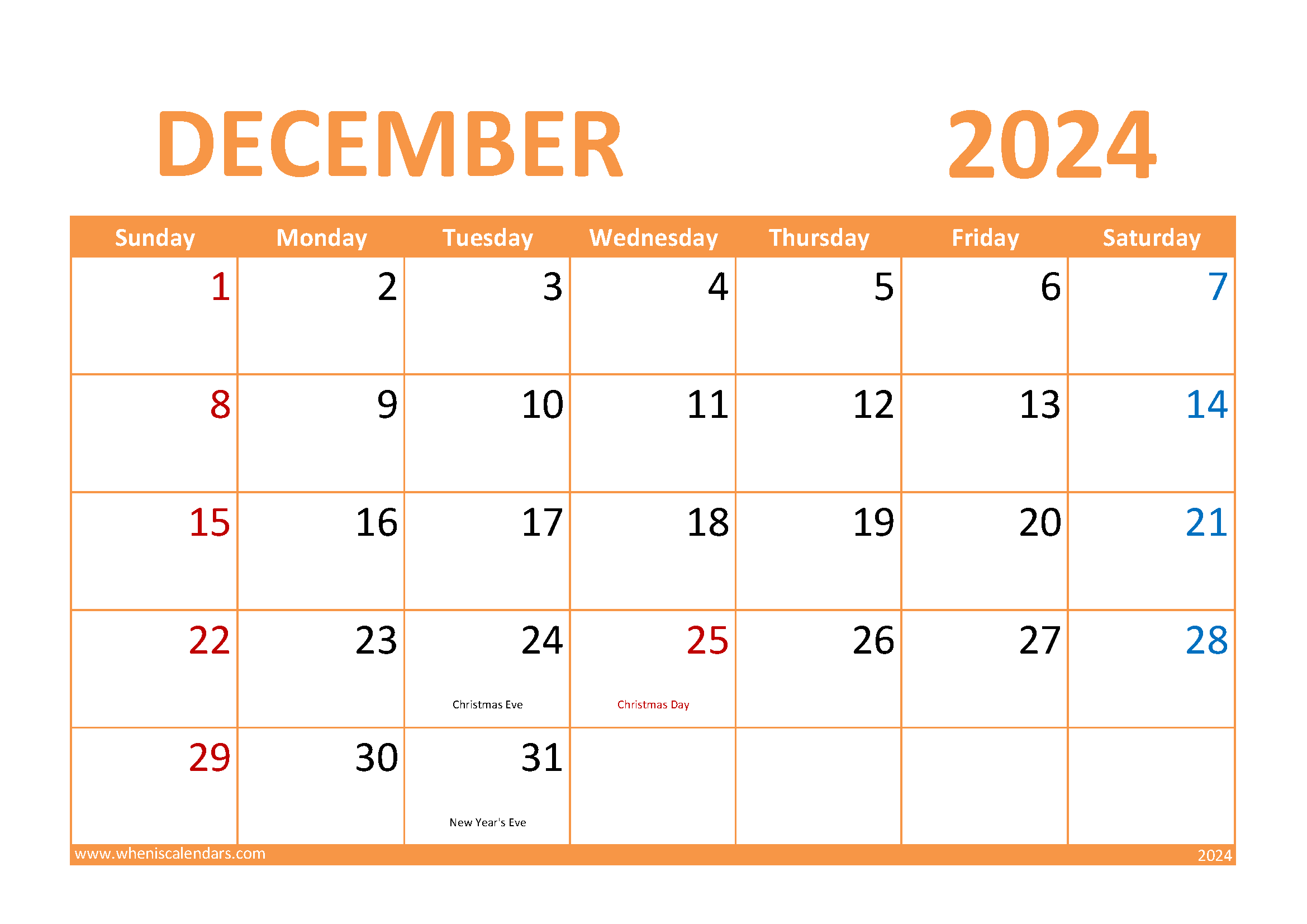 Download Printable December Calendar 2024 A4 Horizontal 124026