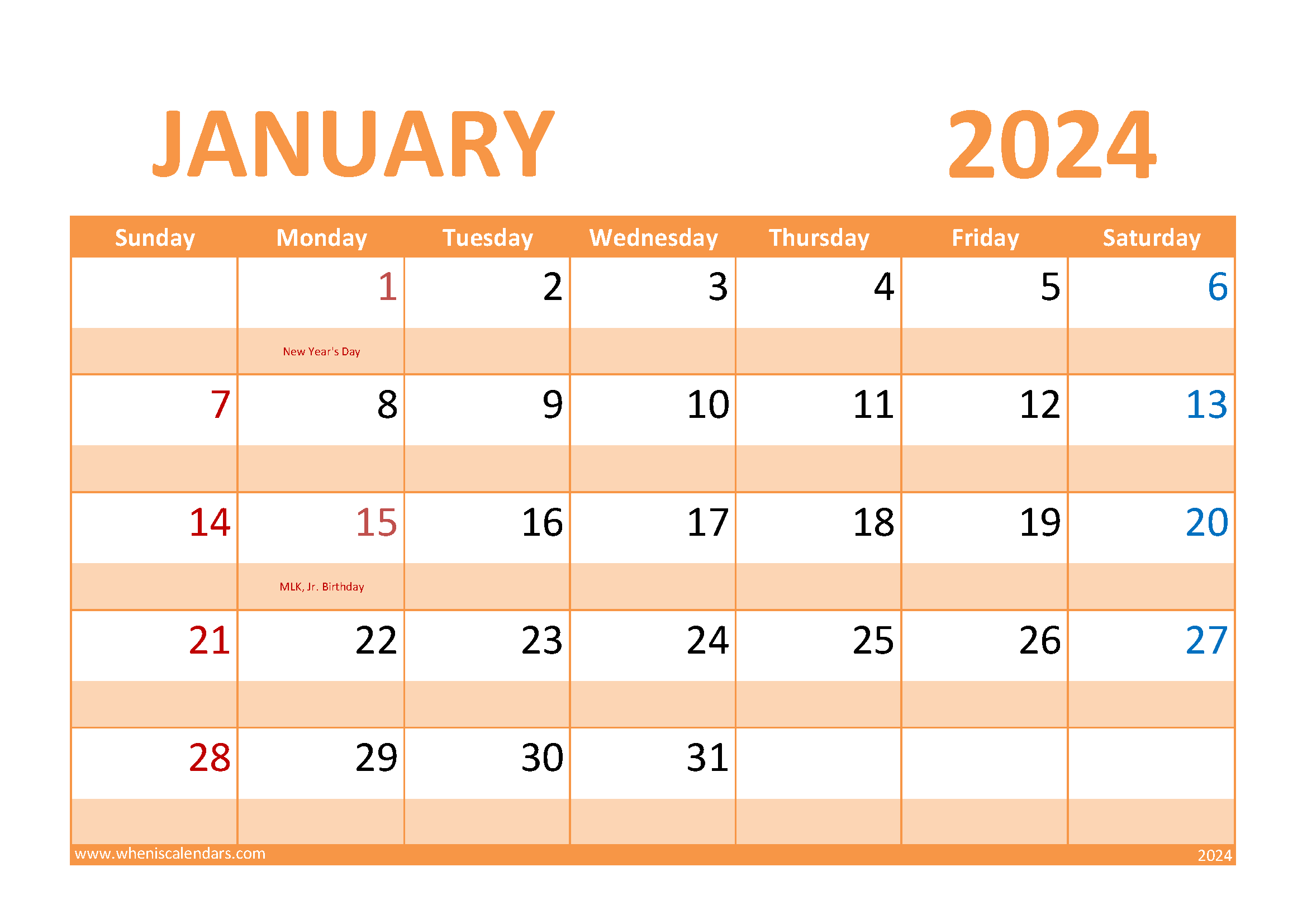 Download January 2024 Holiday Calendar A4 Horizontal J4027