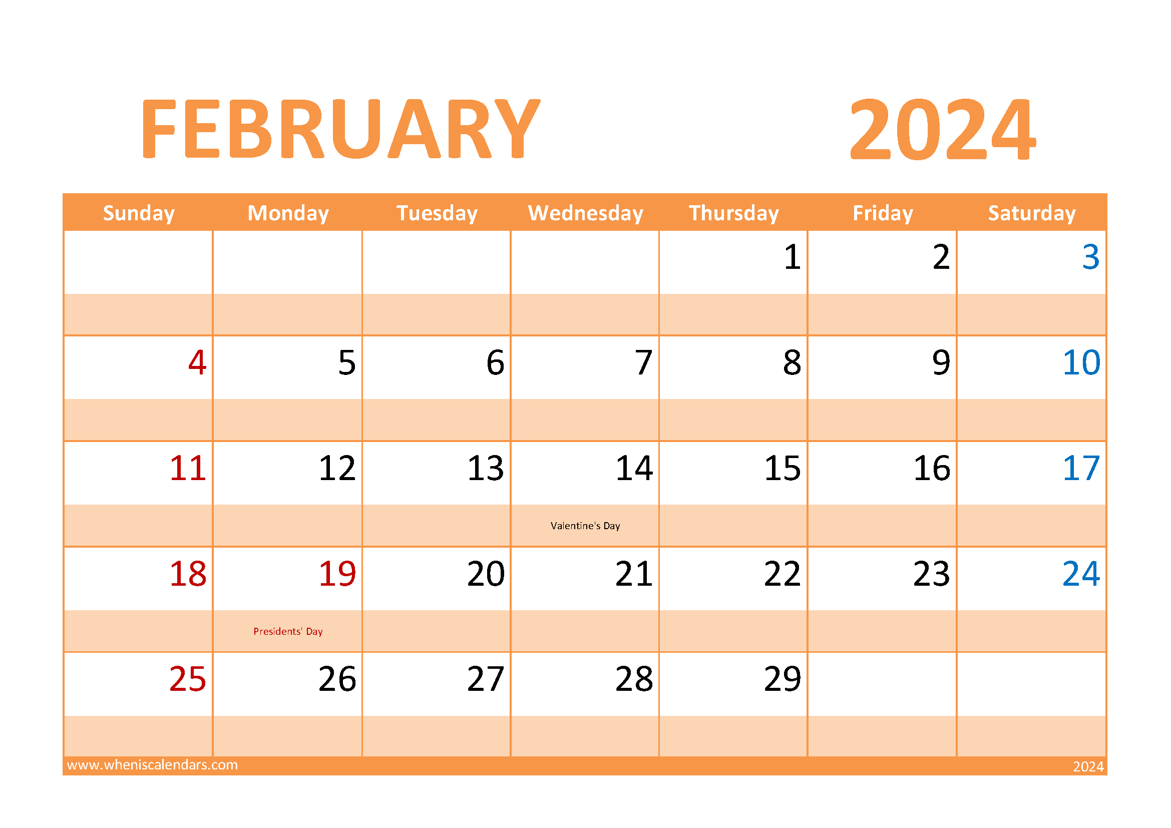 Download February 2024 Holiday Calendar A4 Horizontal 24027