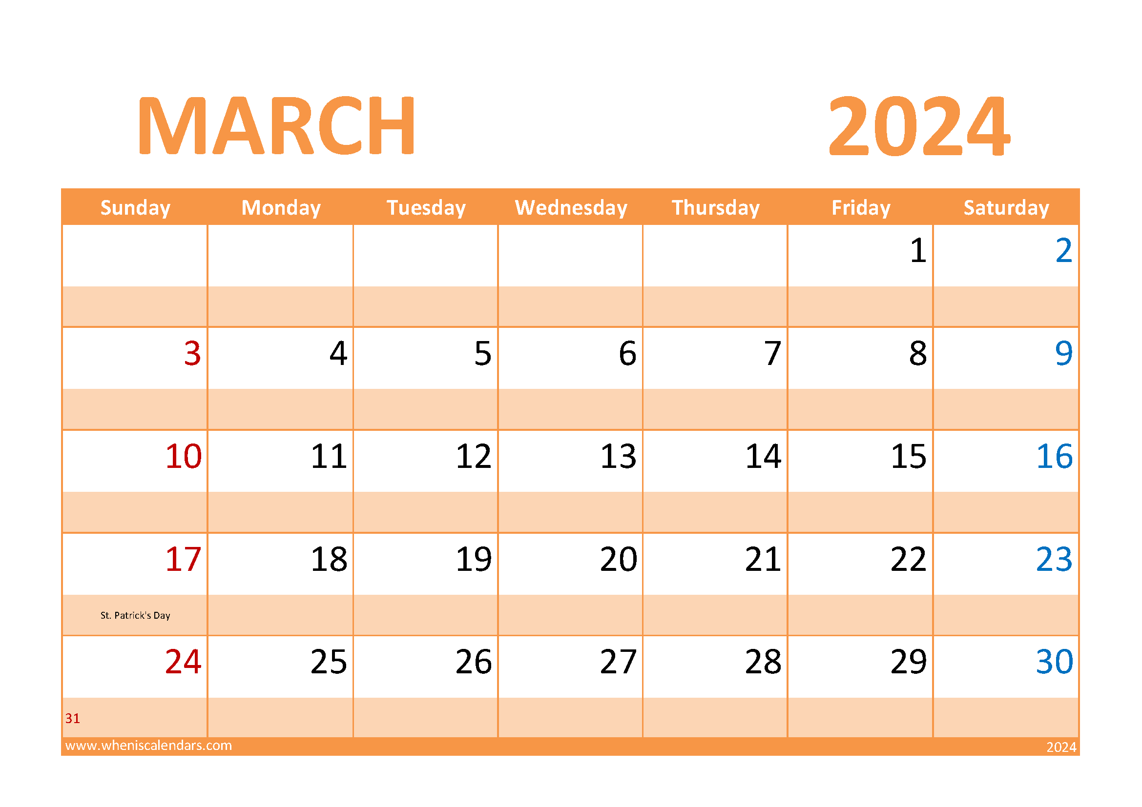 Download March 2024 Holiday Calendar A4 Horizontal 34027