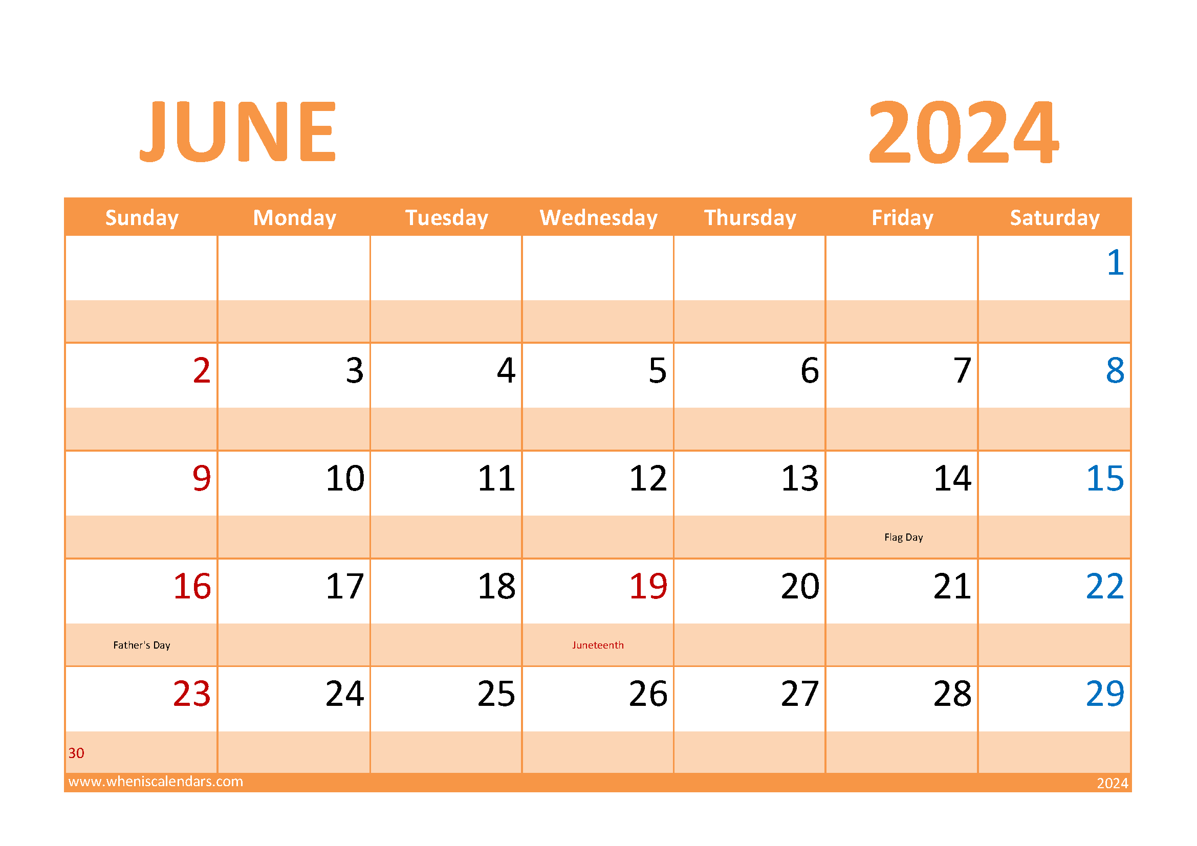 Download June 2024 Holiday Calendar A4 Horizontal 64027
