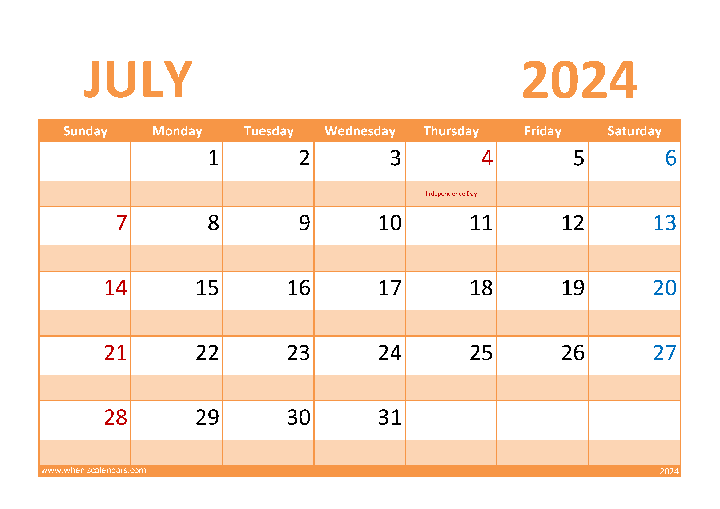 Download July 2024 Holiday Calendar A4 Horizontal 74027