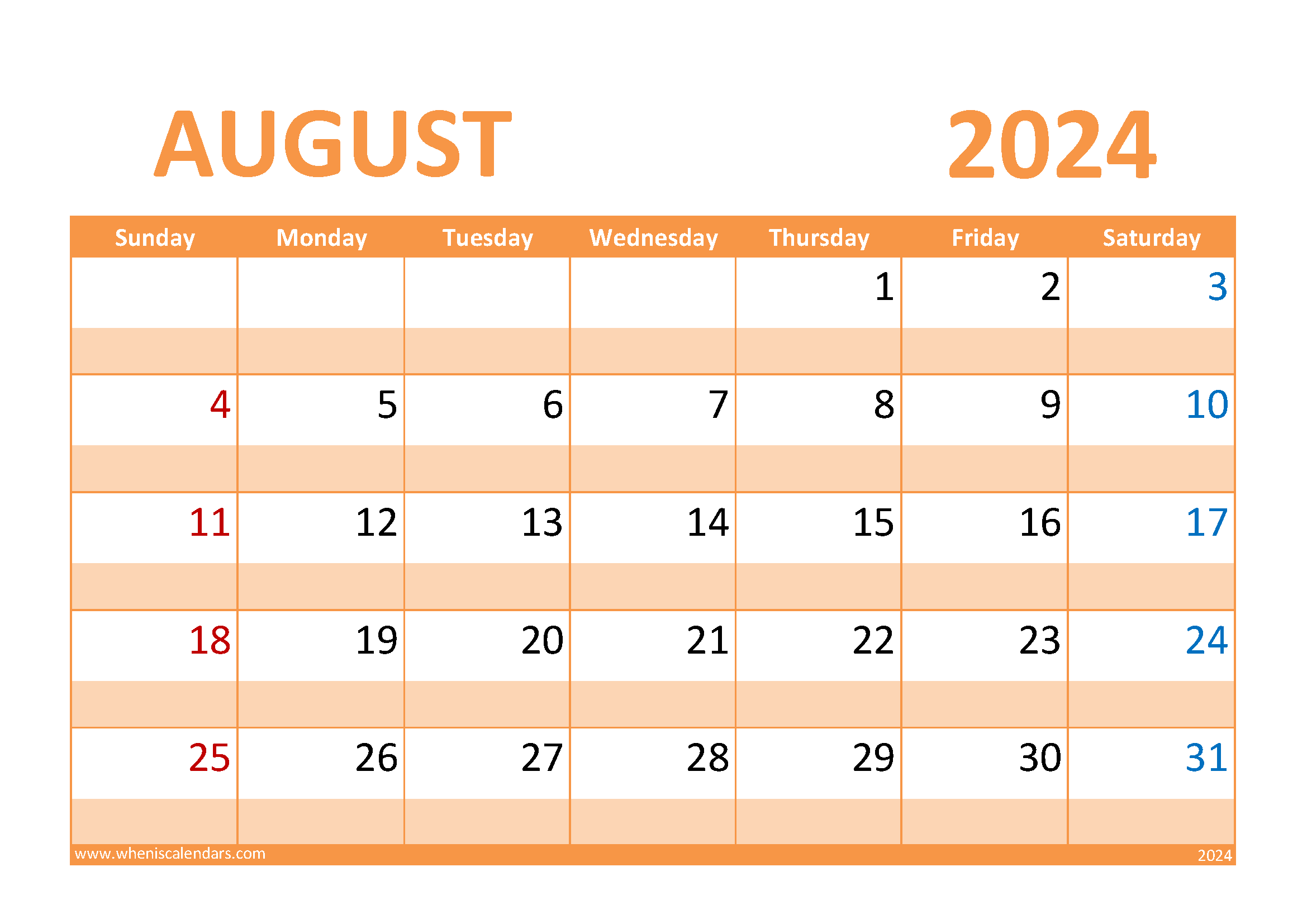 Download August 2024 Holiday Calendar A4 Horizontal 84027