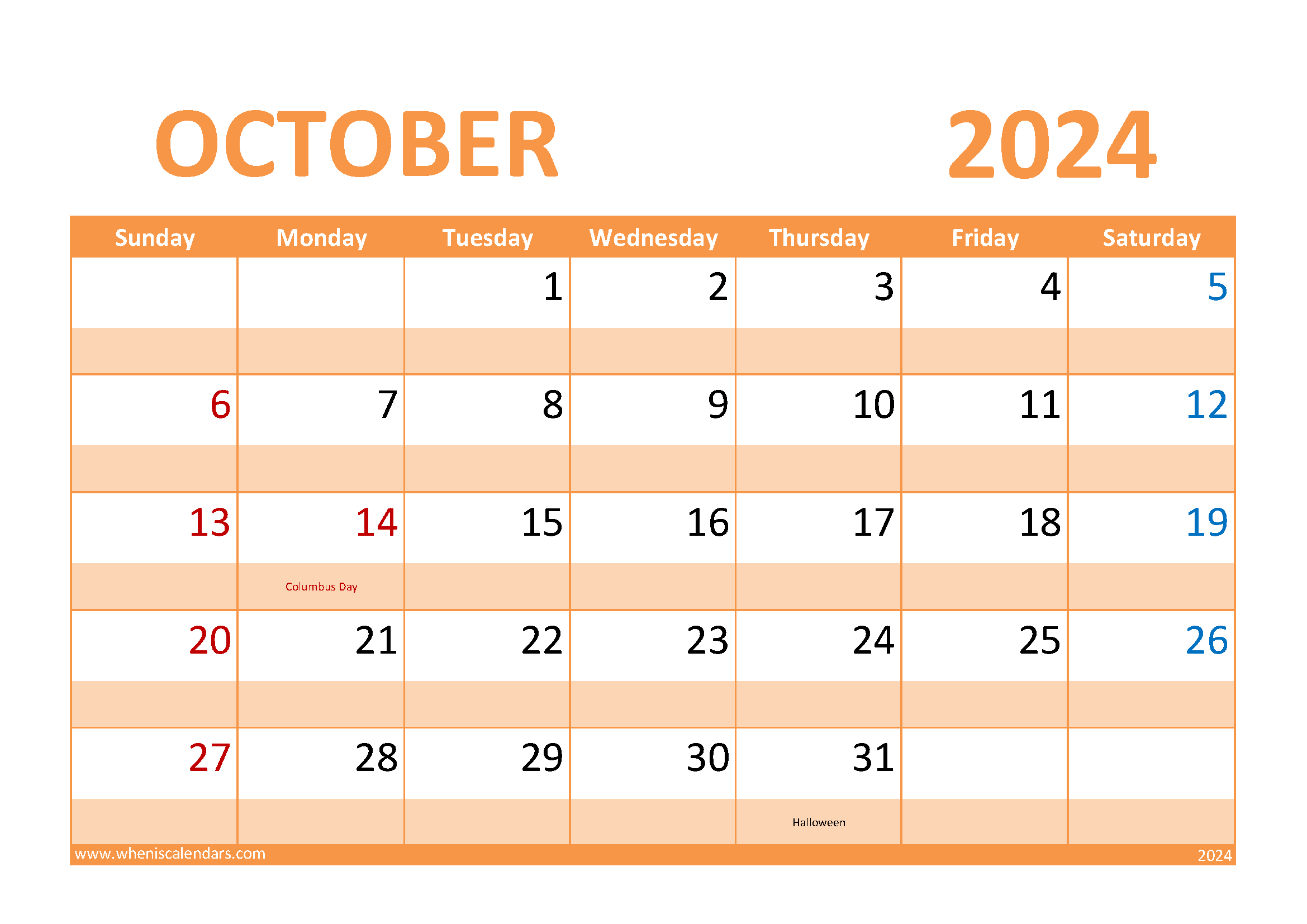Download October 2024 Holiday Calendar A4 Horizontal 104027
