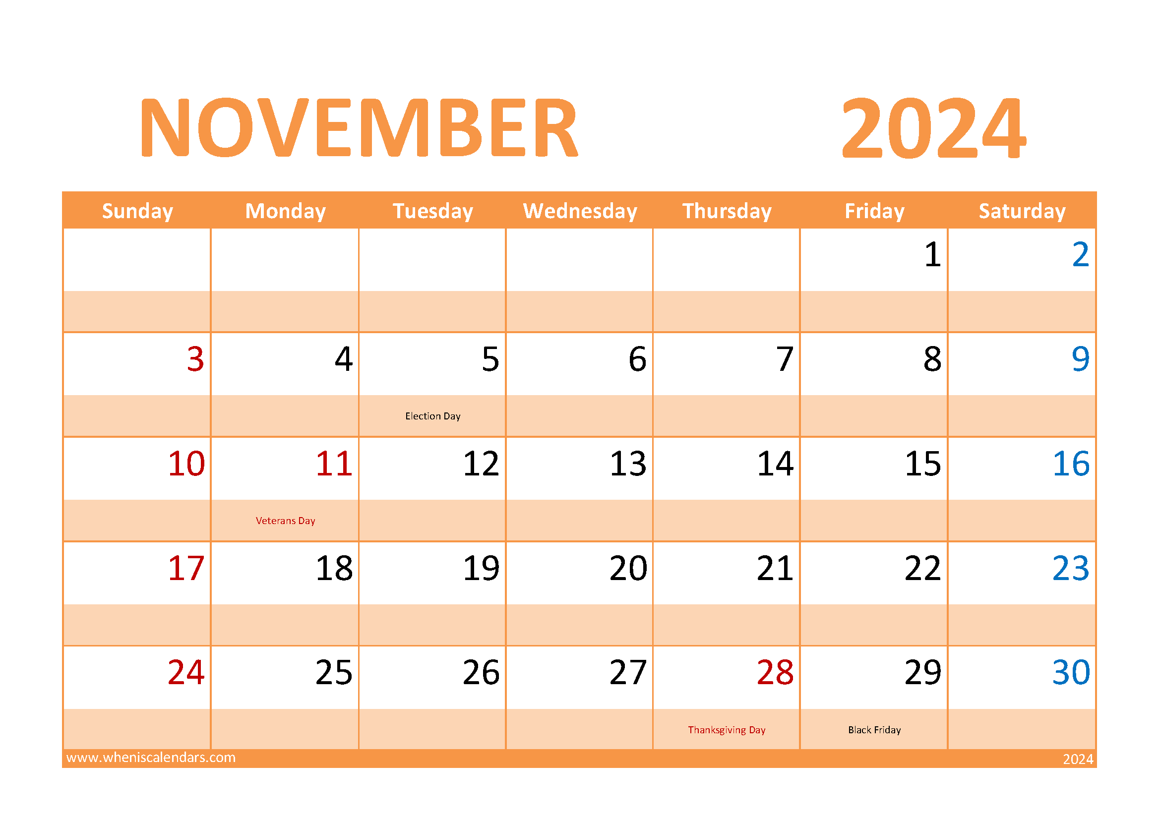 Download November 2024 Holiday Calendar A4 Horizontal 114027