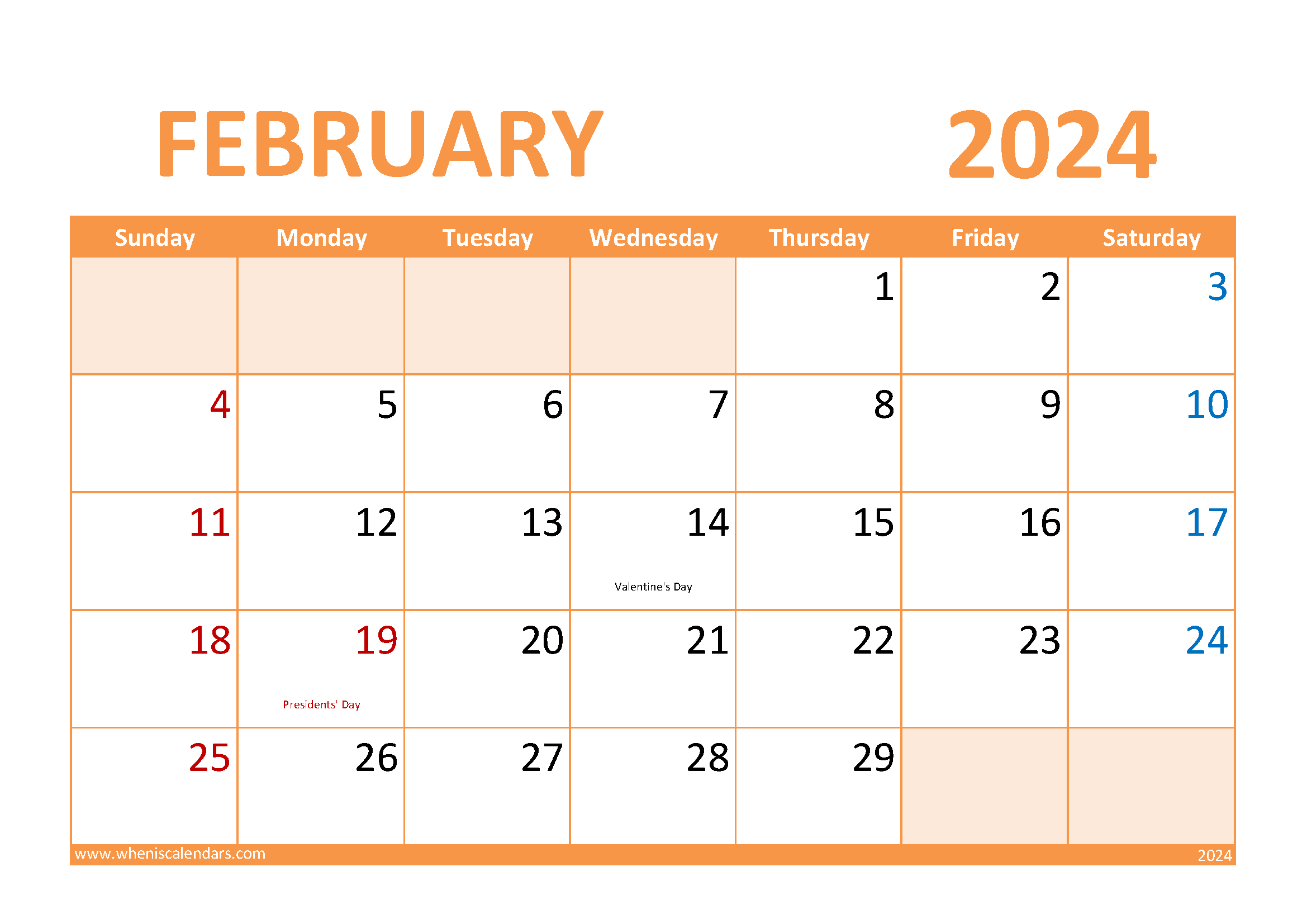 Download February Blank Calendar 2024 A4 Horizontal 24028