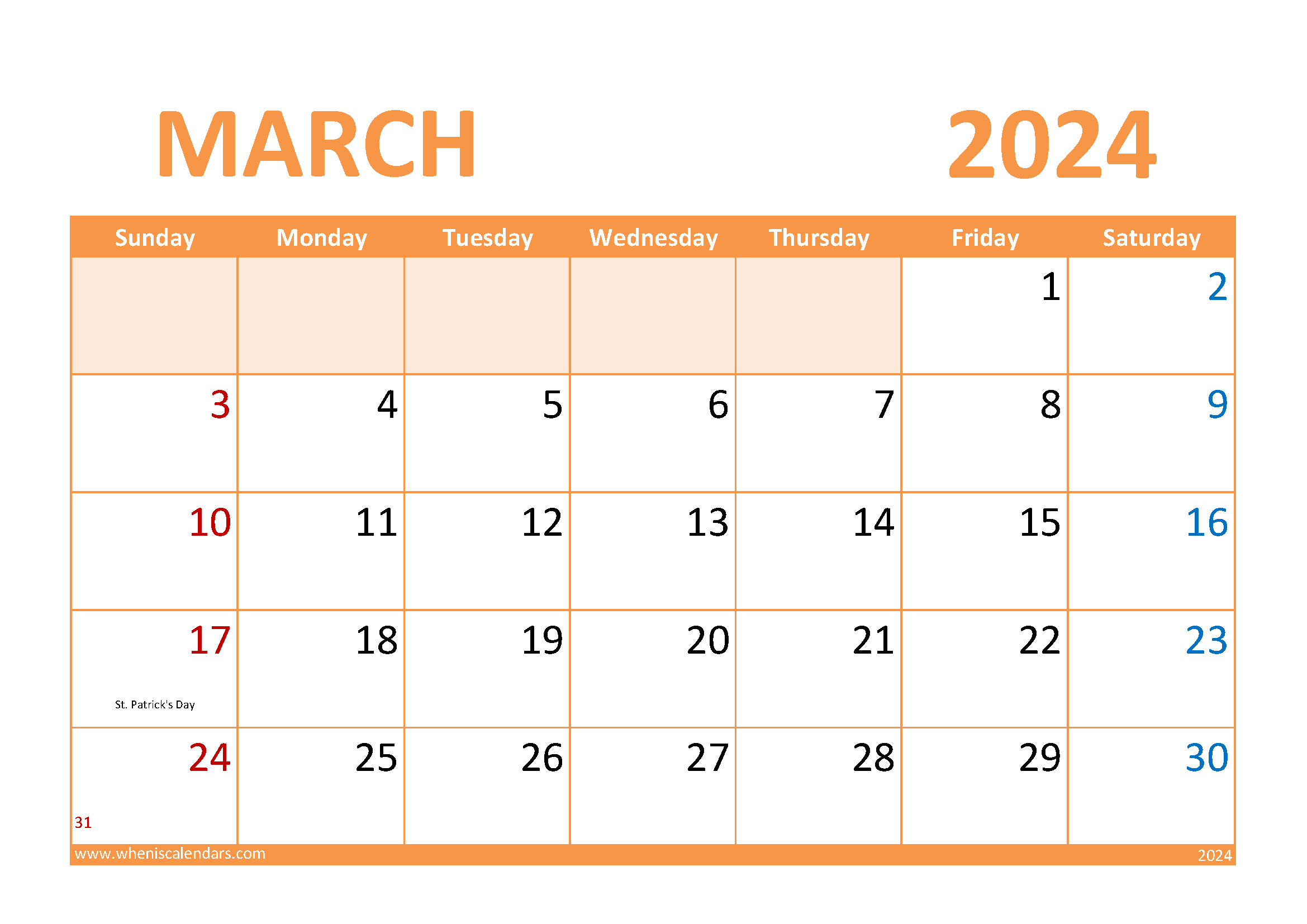 Download March Blank Calendar 2024 A4 Horizontal 34028