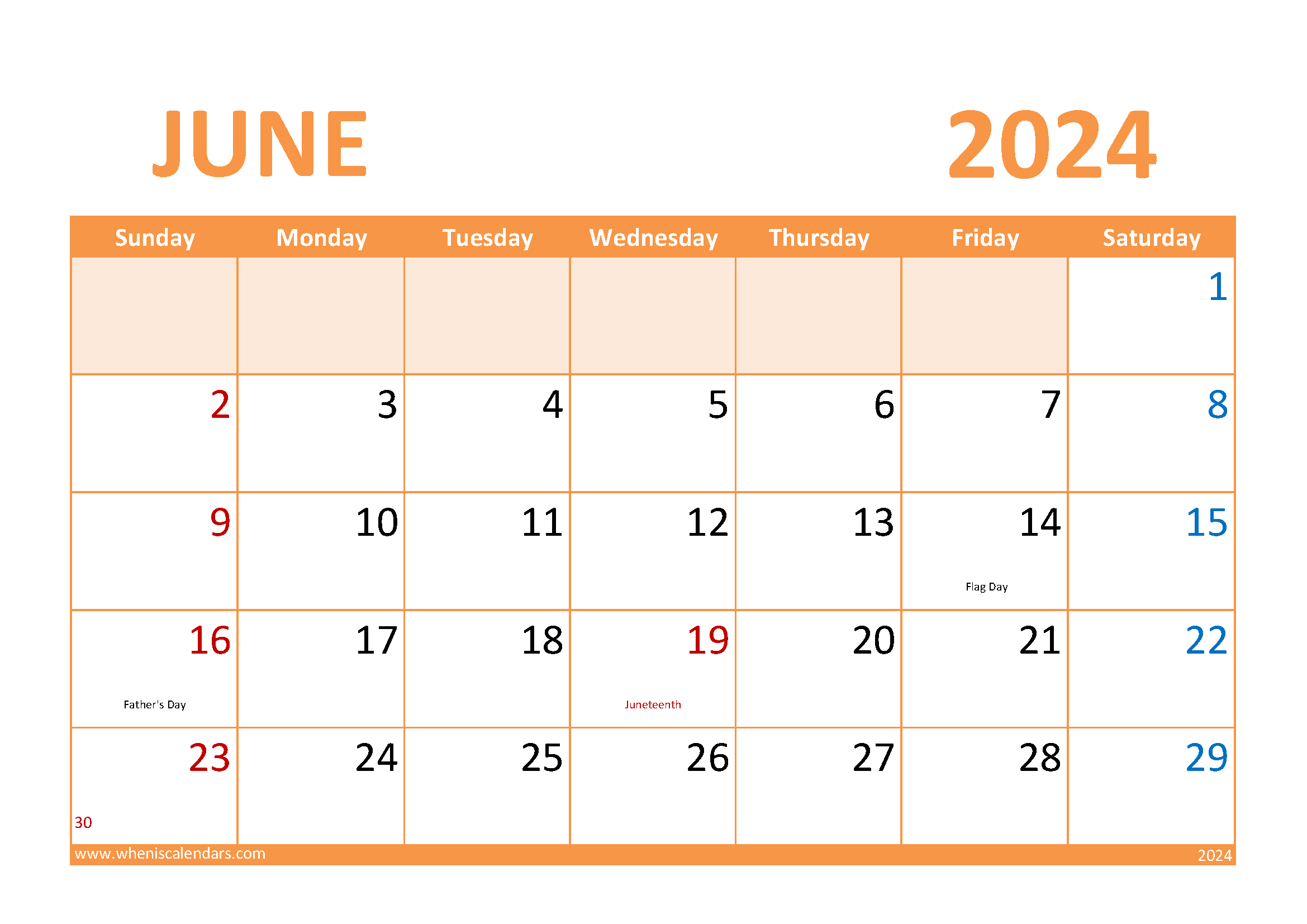 Download June Blank Calendar 2024 A4 Horizontal 64028