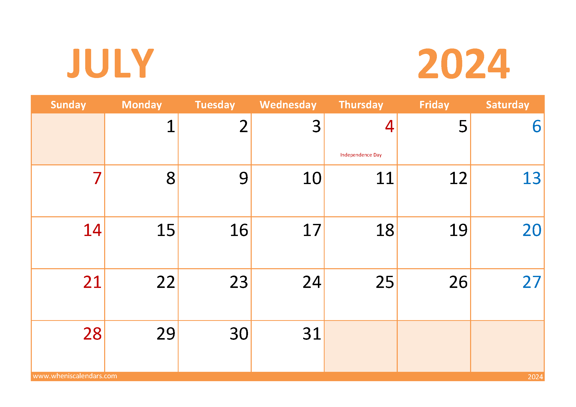 Download July Blank Calendar 2024 A4 Horizontal 74028