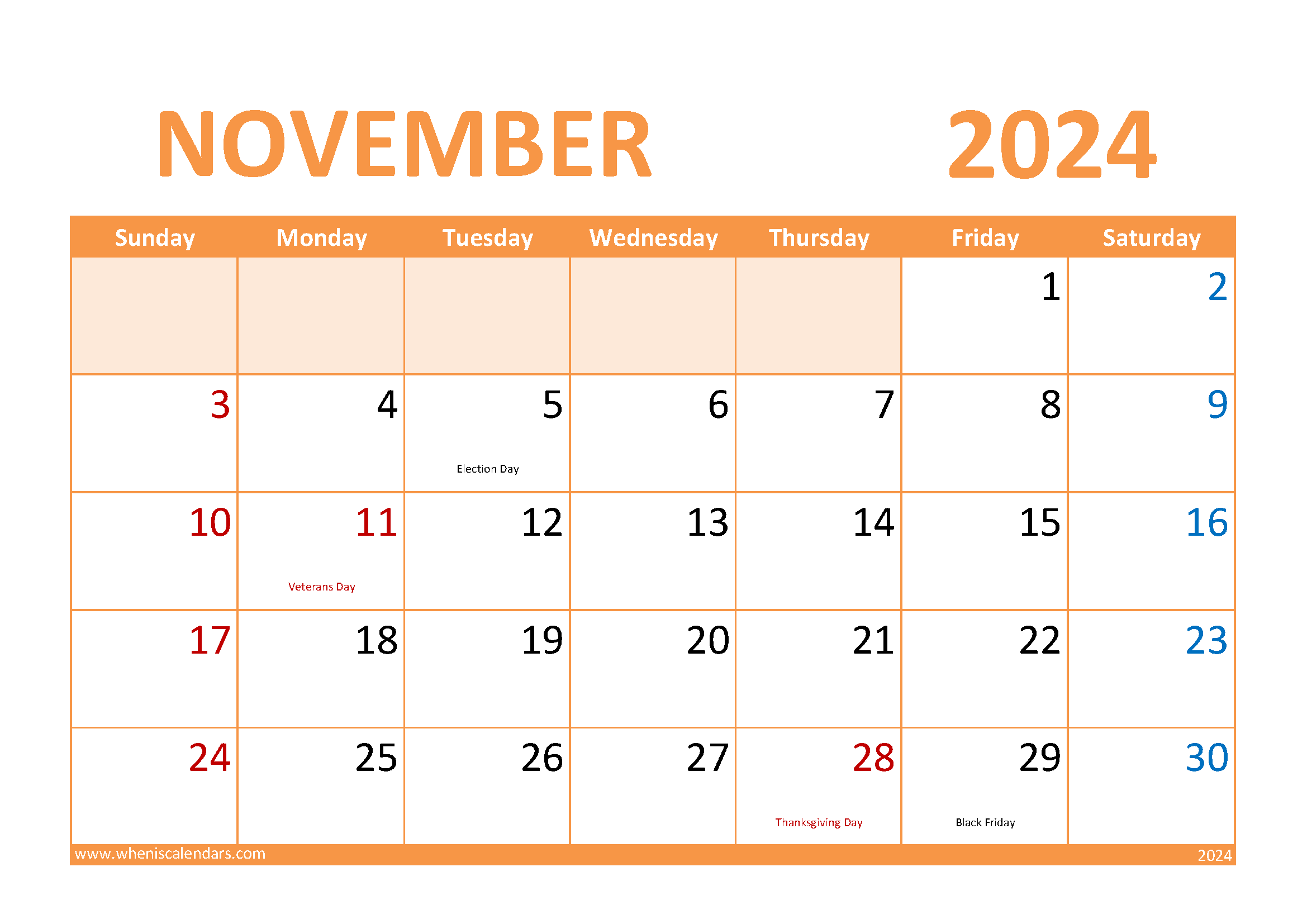 Download November Blank Calendar 2024 A4 Horizontal 114028