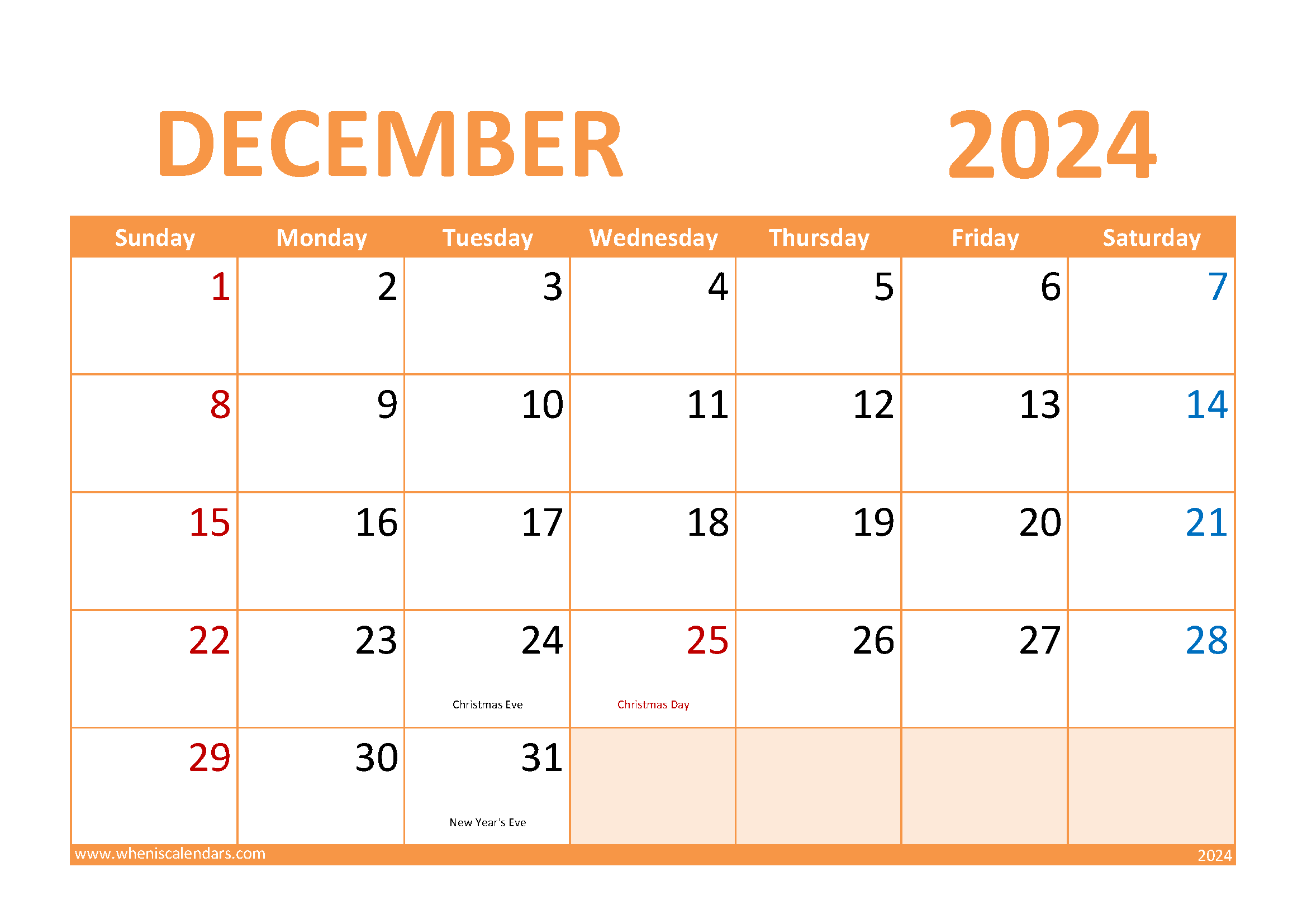 Download December Blank Calendar 2024 A4 Horizontal 124028