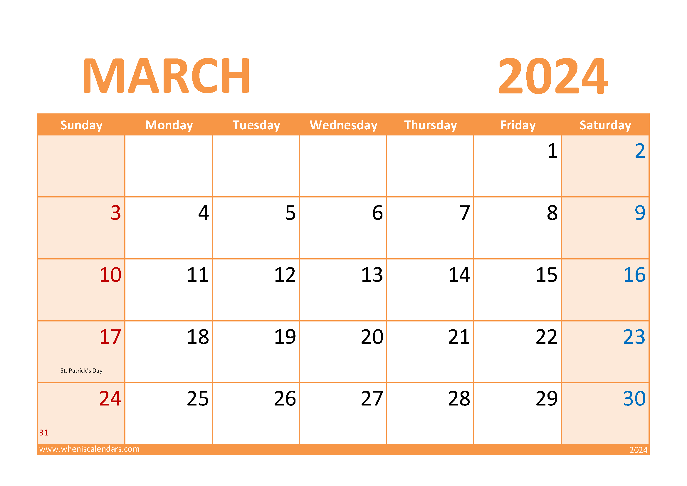 Download Printable March 2024 A4 Horizontal 34029