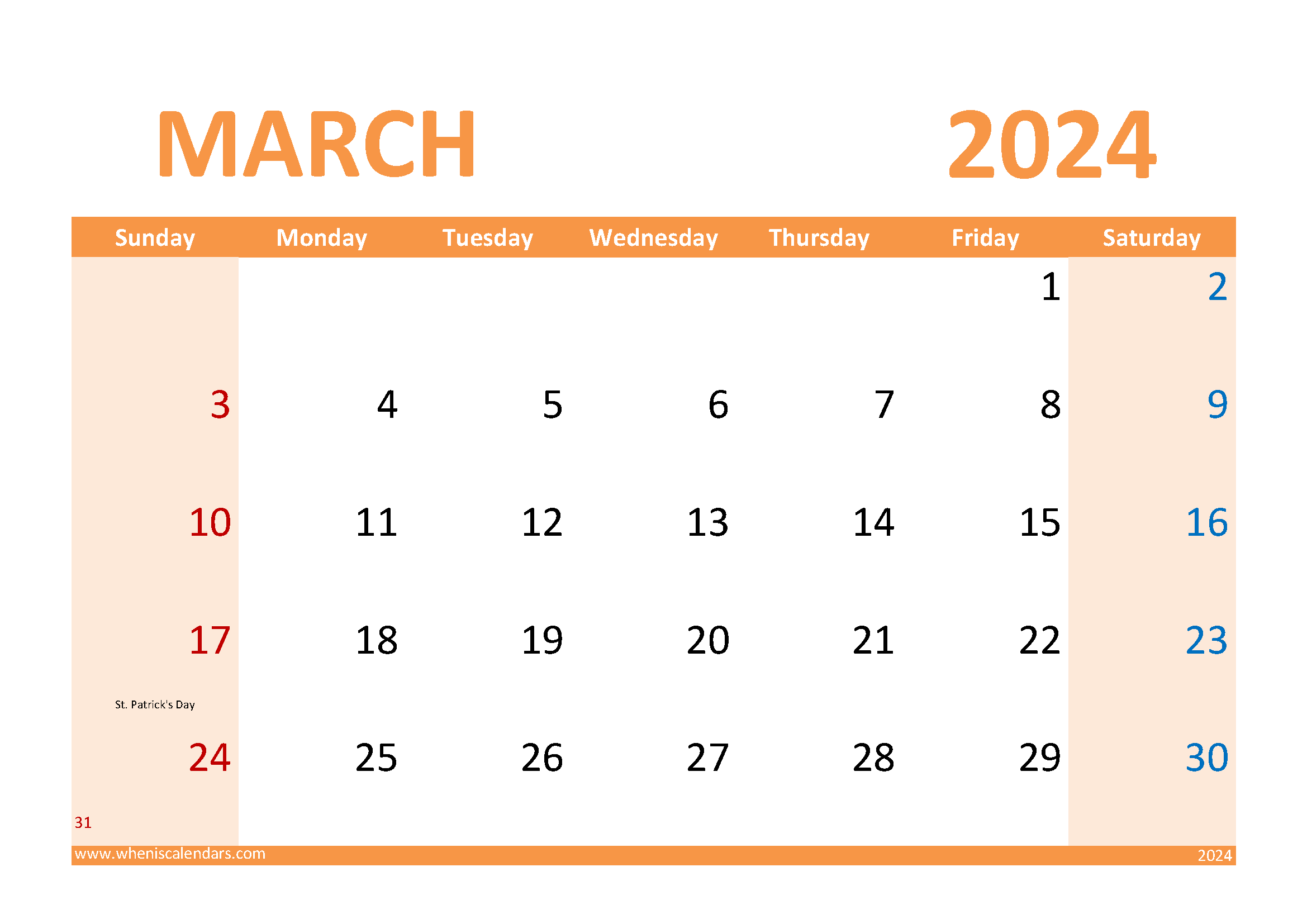 Download March 2024 Holidays and special days A4 Horizontal 34030