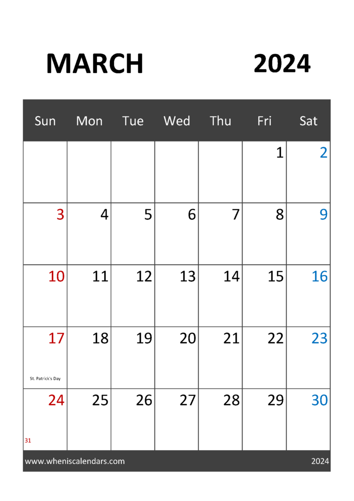 Download March 2024 Calendar editable A4 Vertical 34031