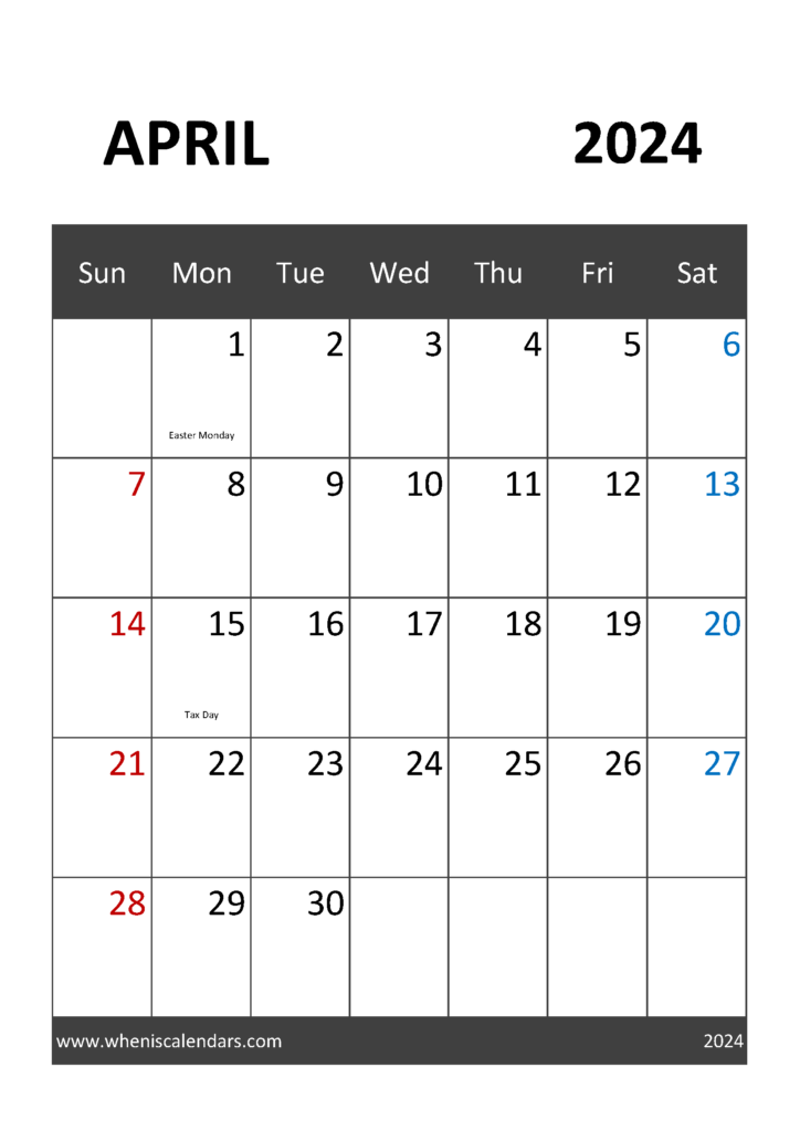 Download April 2024 Calendar editable A4 Vertical 44031