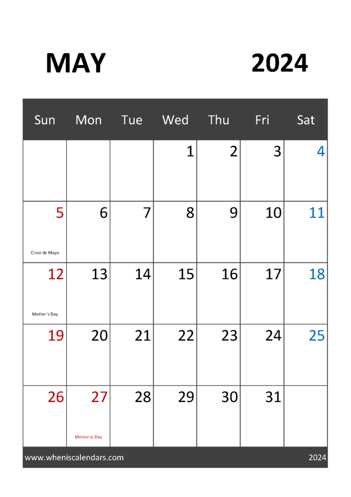 Download May 2024 Calendar editable A4 Vertical 54031