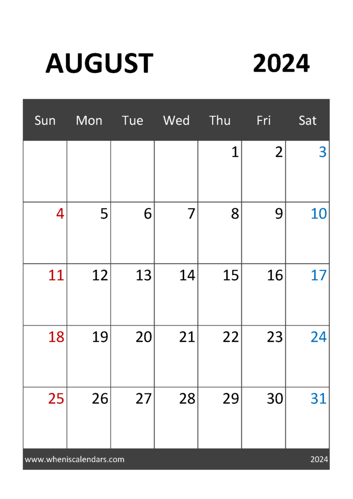 Download August 2024 Calendar editable A4 Vertical 84031