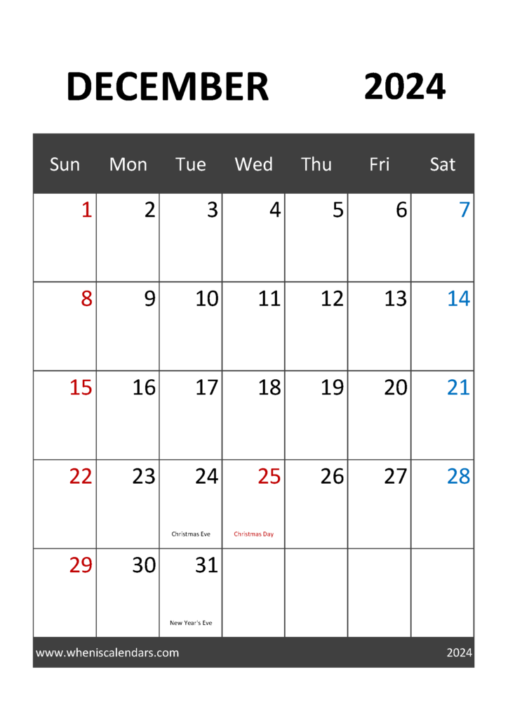 Download December 2024 Calendar editable A4 Vertical 124031