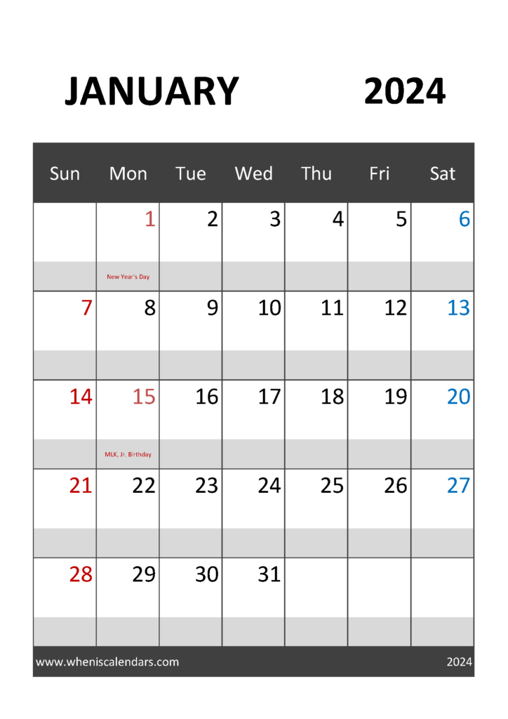 Download Blank 2024 January Calendar A4 Vertical J4032