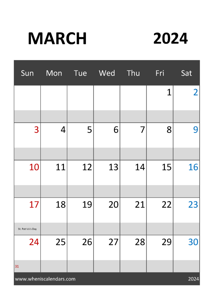 Download Blank 2024 March Calendar A4 Vertical 34032
